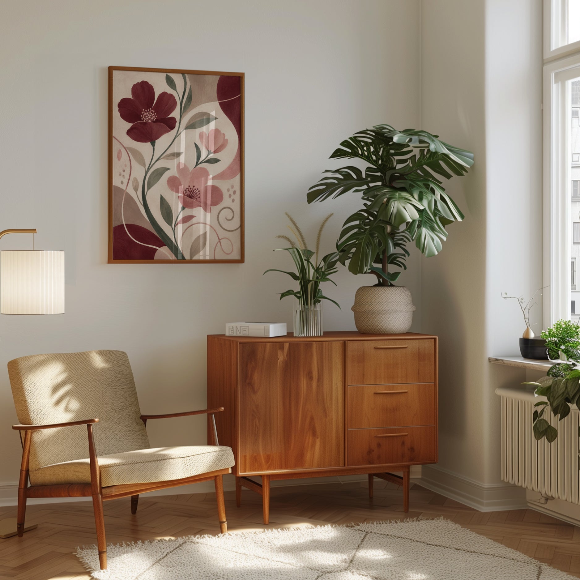 Art Nouveau Floral Wall Art: Burgundy and Pink Botanical Design - interior