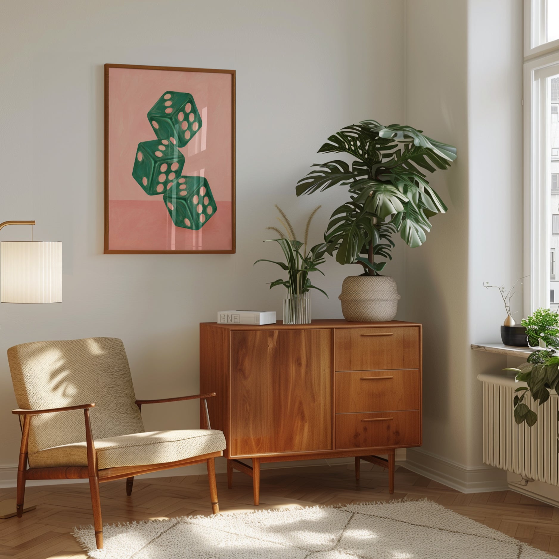 Green Dice Wall Art: Vintage Game Room Illustration on Pink - interior