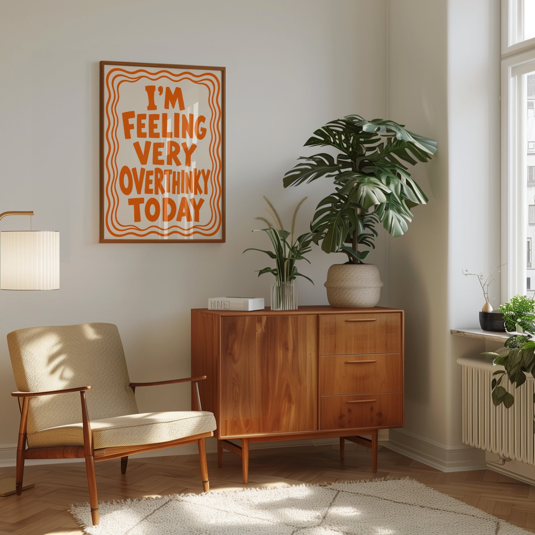 Overthinker Typography Print: Retro Orange Motivational Wall Art - interior