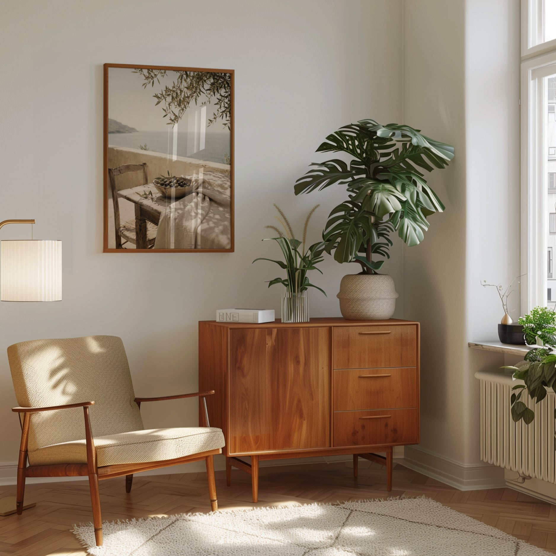 Mediterranean Olive Terrace Print: Vintage Sepia Coastal Wall Art - interior