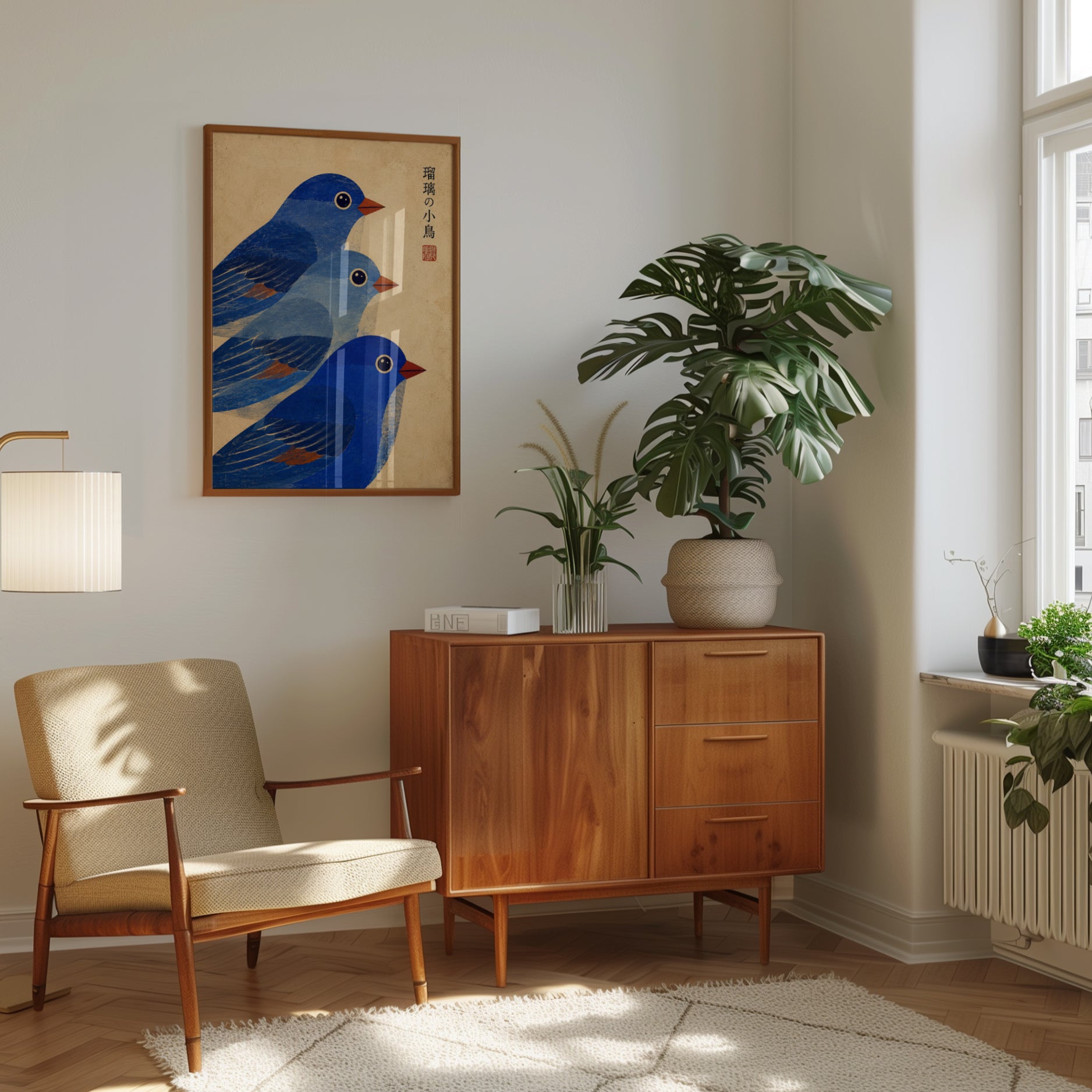 Japanese Bird Art Print — Vintage Blue Birds Illustration - interior