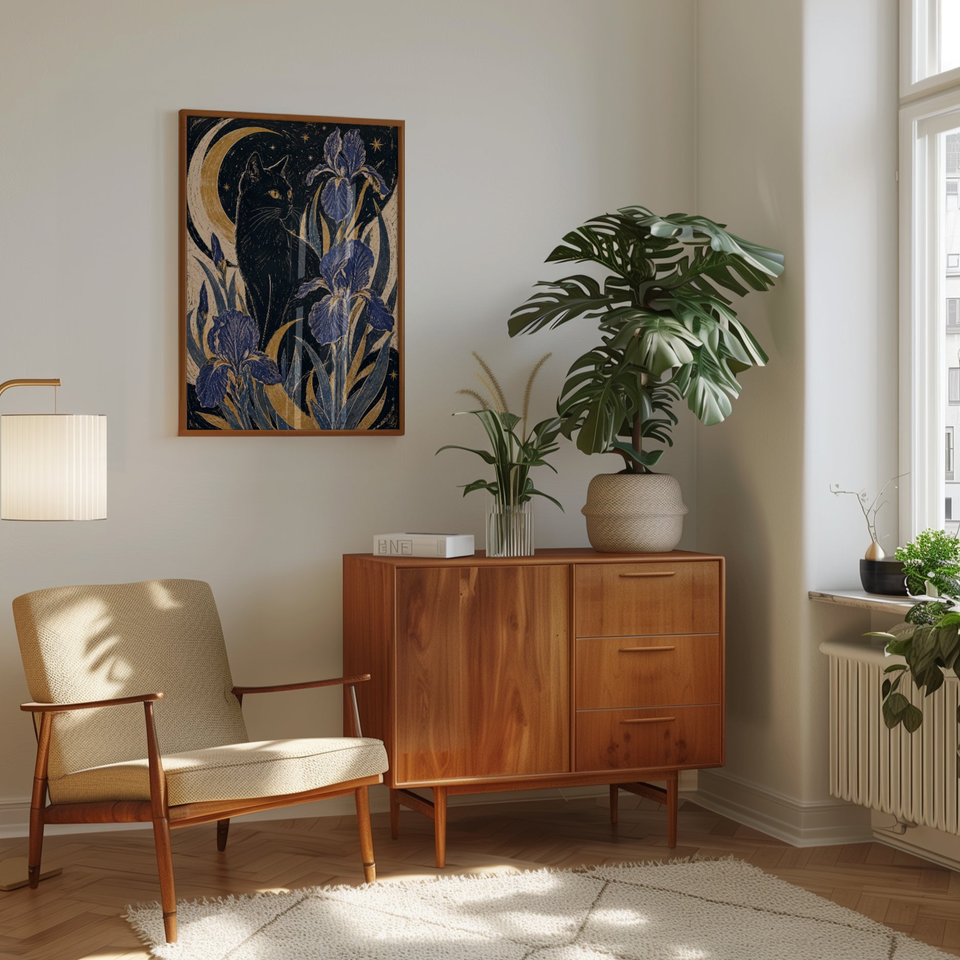 Black Cat and Iris Print — Art Nouveau Moon & Stars - interior