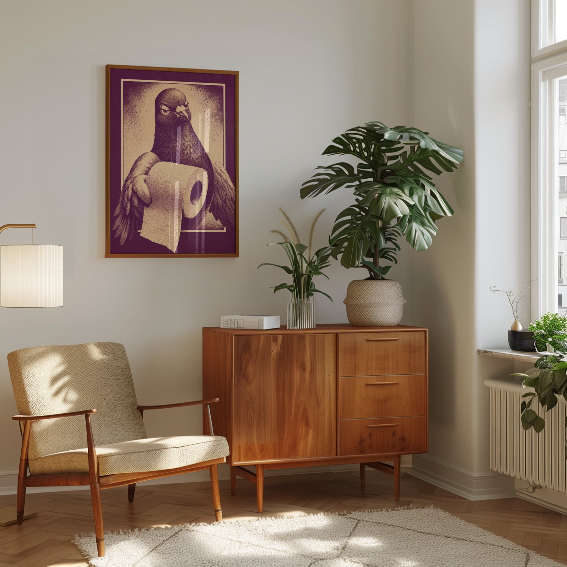 Pigeon Bathroom Print: Vintage Style Humor (Purple and Beige) - interior