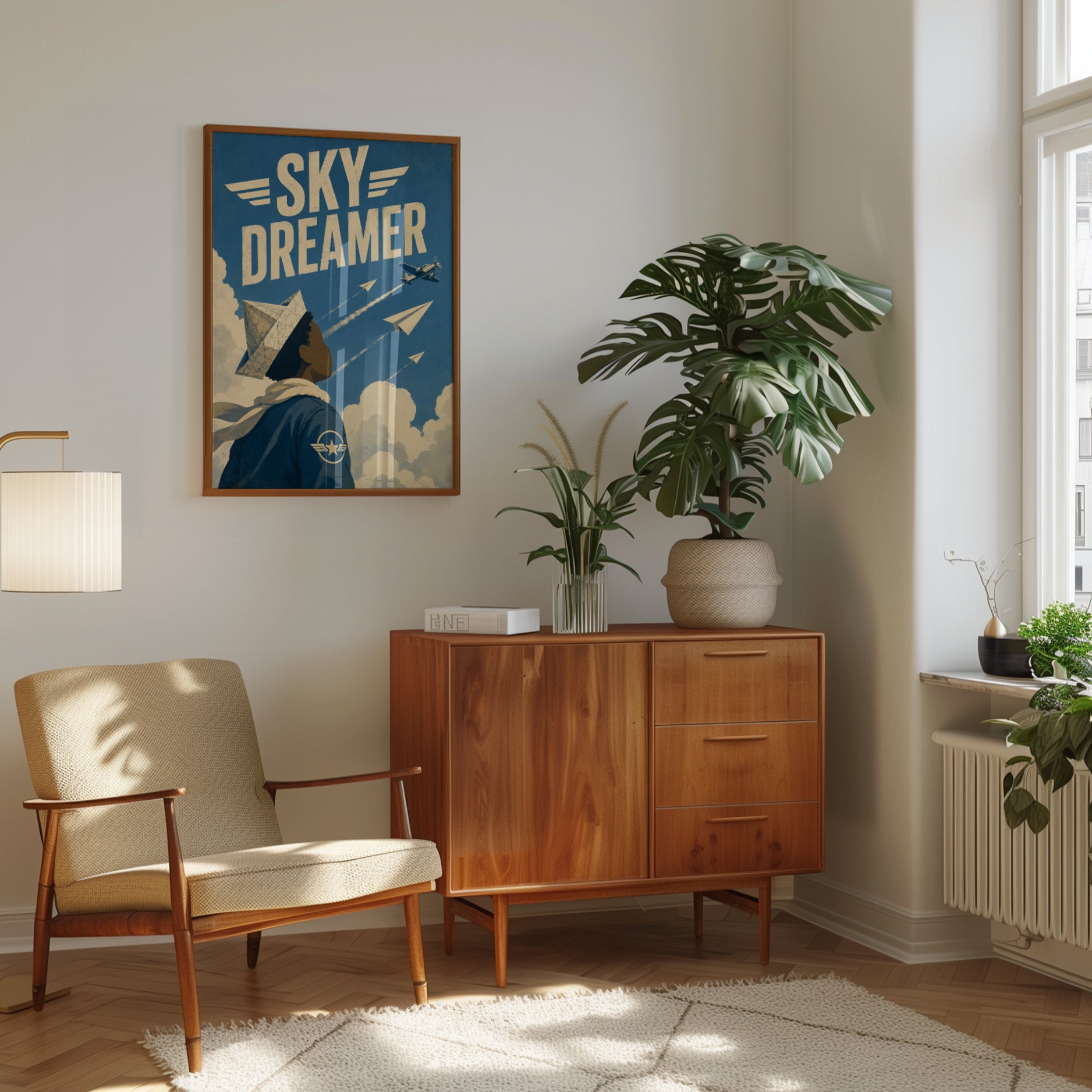 Sky Dreamer Aviation Poster: Retro Art Deco Blue Flight Design - interior