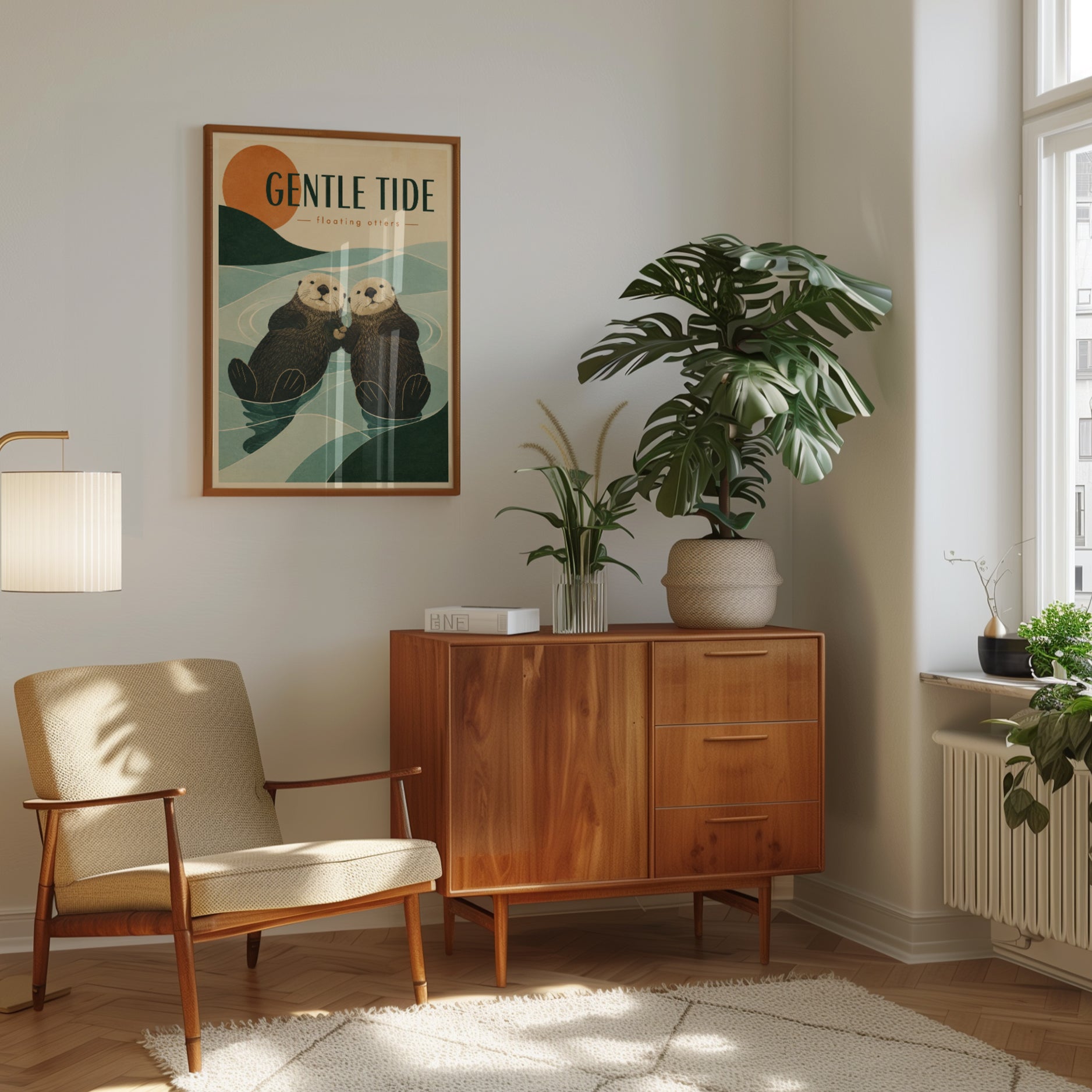 Gentle Tide Otters Art Print: Vintage Mid-Century Wildlife Poster - interior