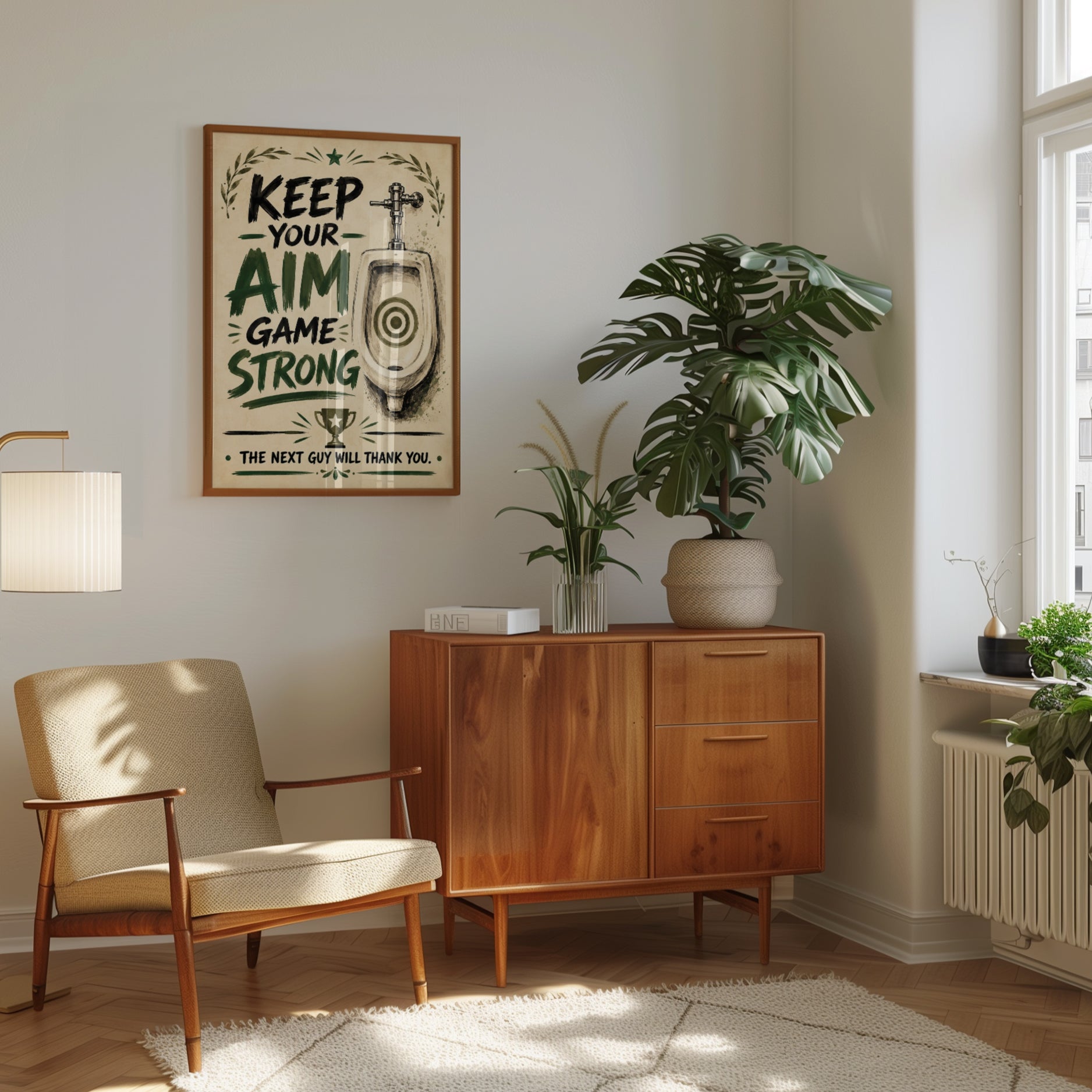 Keep Your Aim Game Strong: Vintage Bathroom Humor Wall Art - interior
