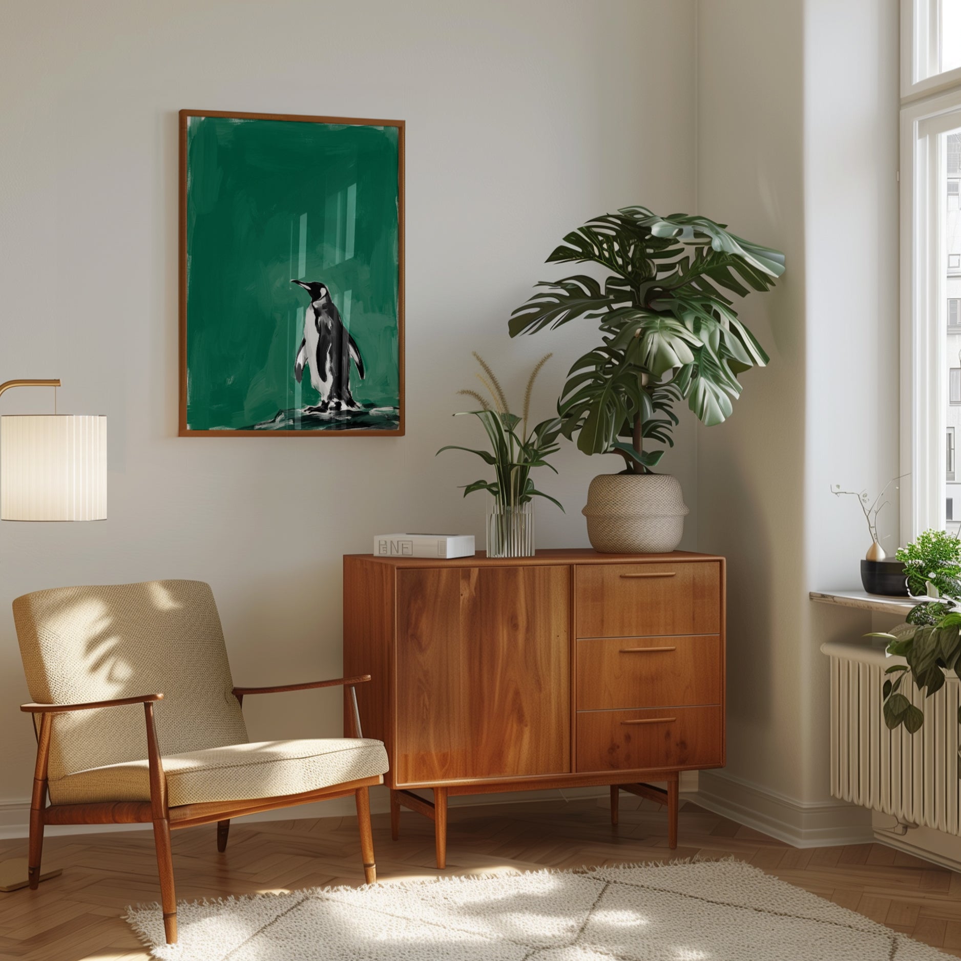 Penguin Art Print: Minimalist Black and White on Teal Green - interior
