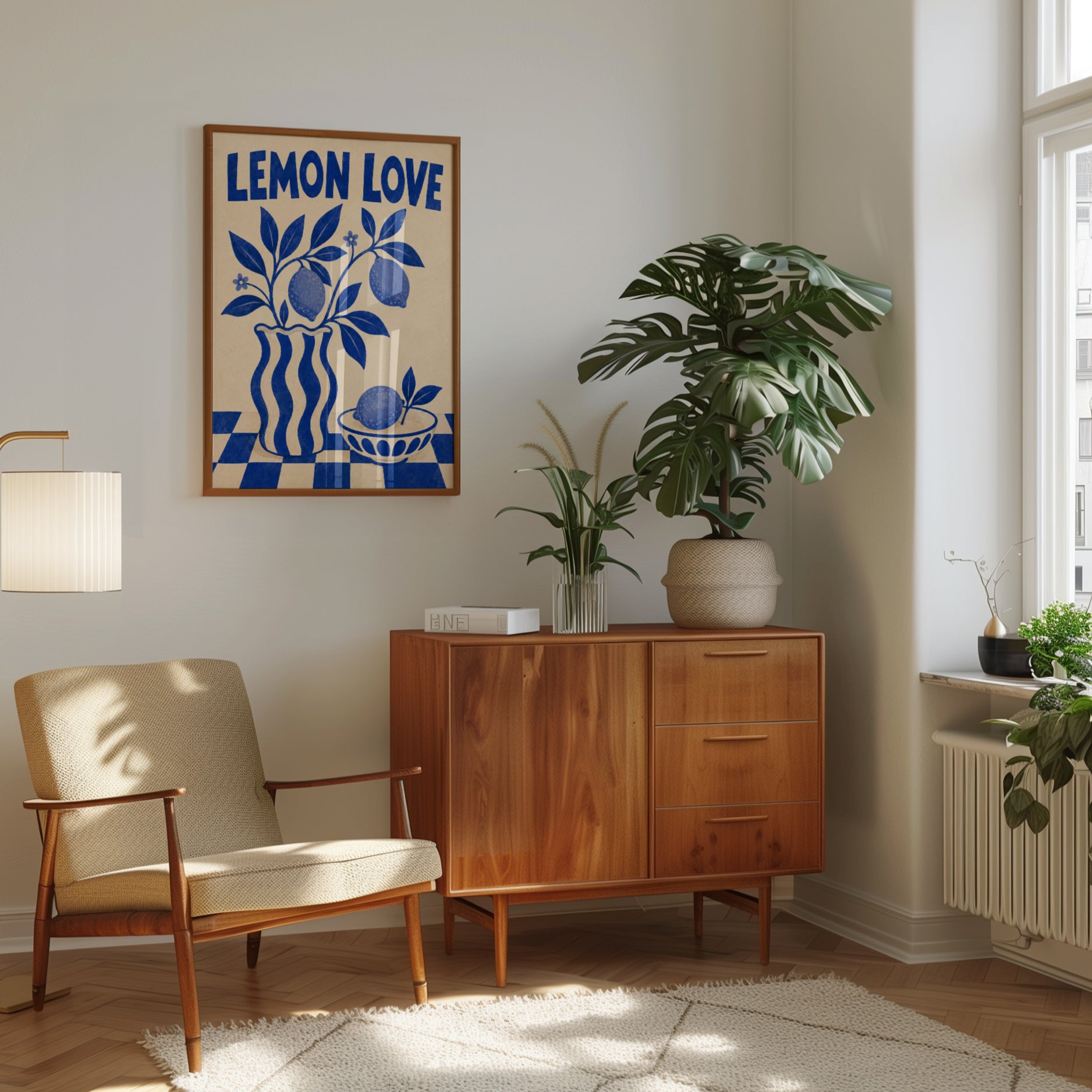 Lemon Love Print: Blue Folk Art Botanical Kitchen Poster - interior