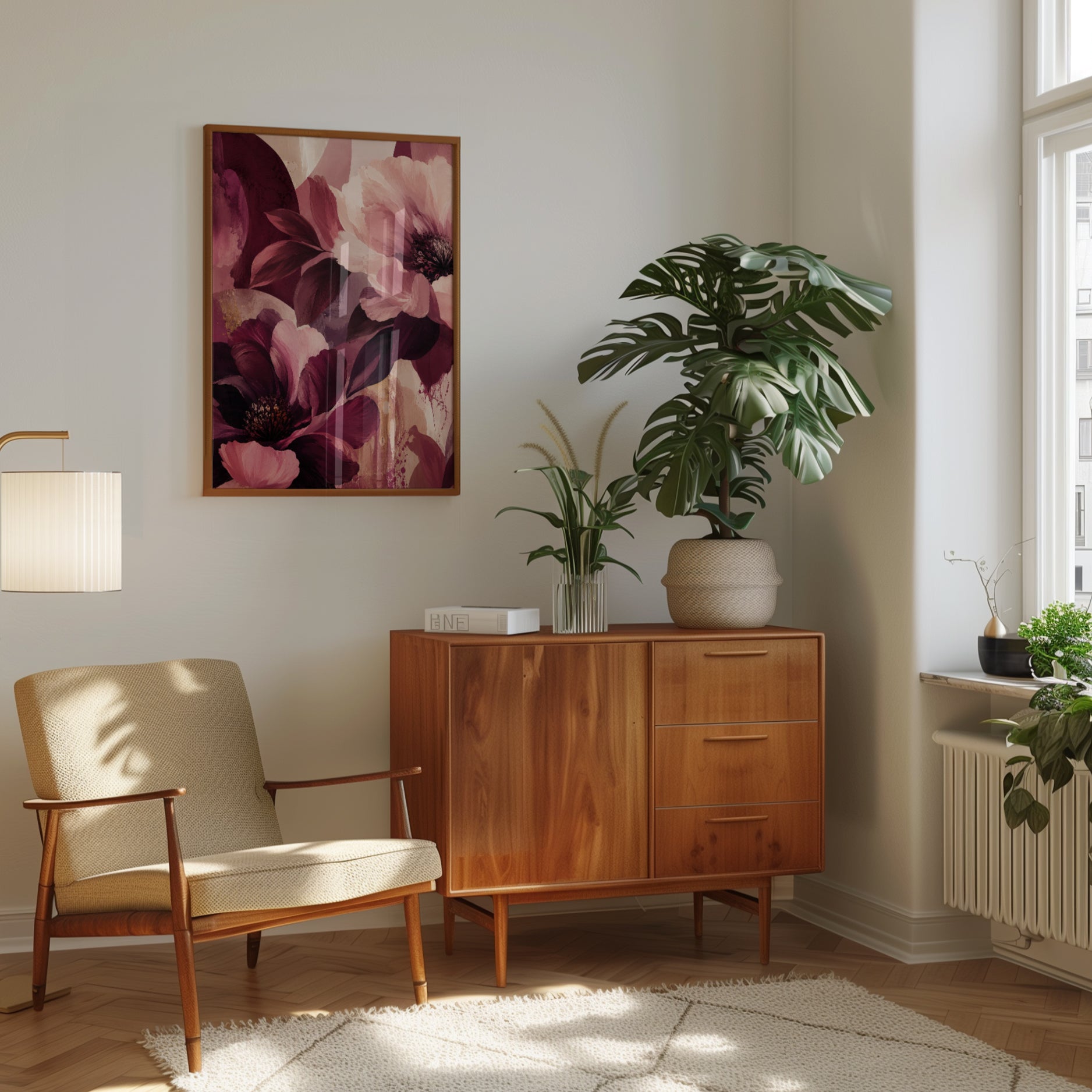 Burgundy Flower Wall Art – Pink Floral Print - interior