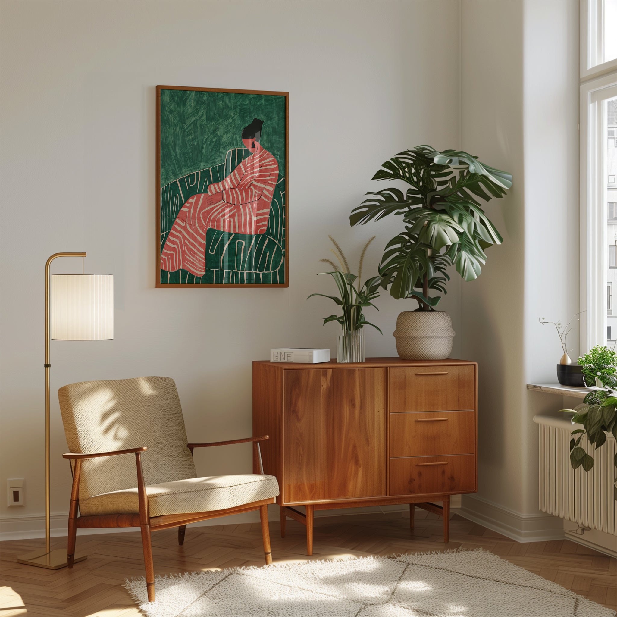 Seated Figure in Striped Robe Art Print: Modern Coral and Green - interior