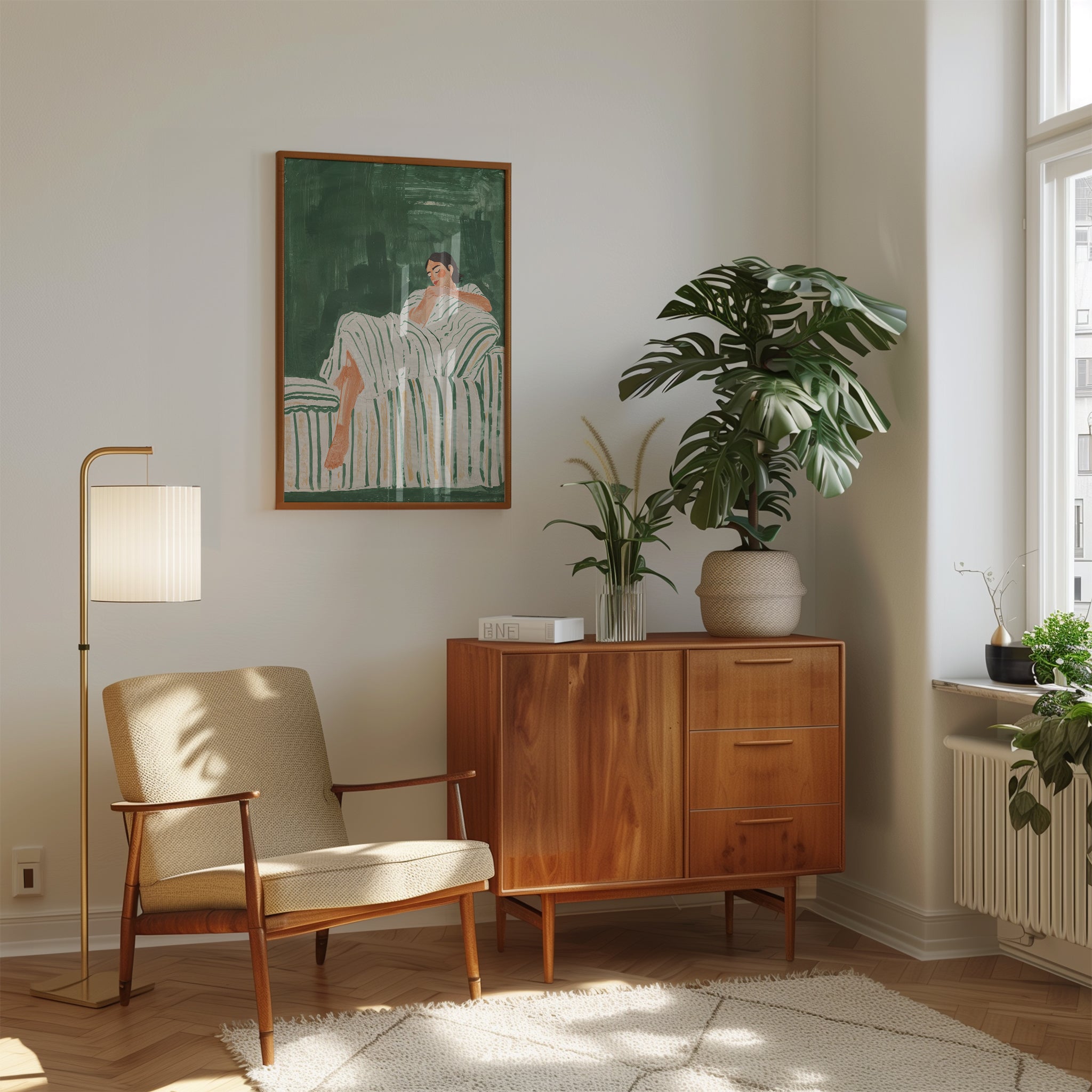 Resting Woman Art Print: Modern Green Striped Poster (Various Sizes) - interior