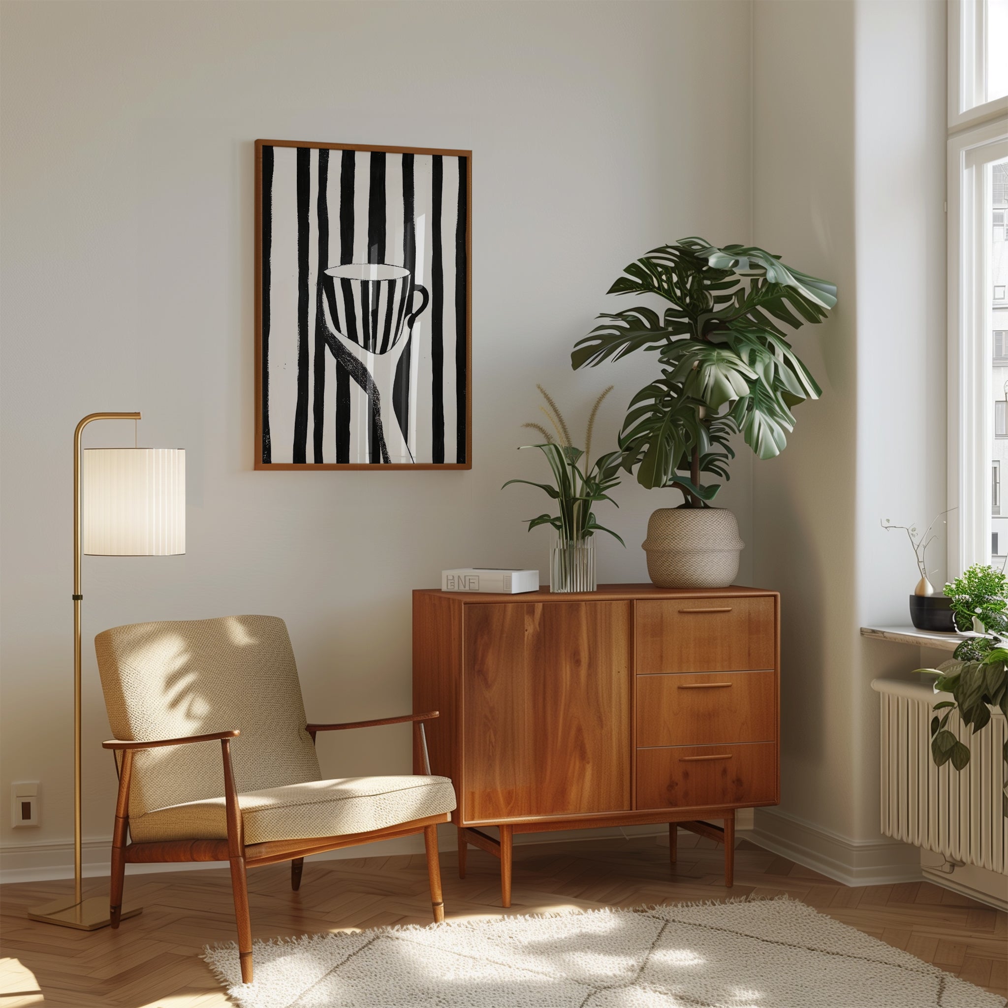 Minimalist Coffee Cup Poster: Black White Stripes - interior