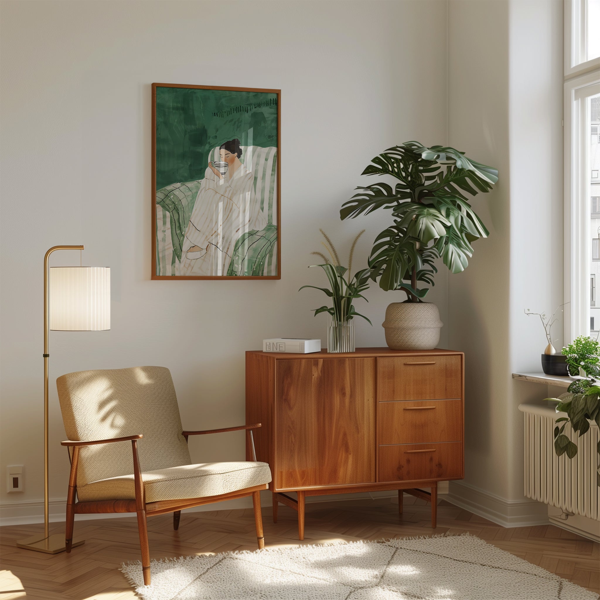 Botanical Wall Art: Calm Bedroom Decor (Woman Drinking Tea Print) - interior
