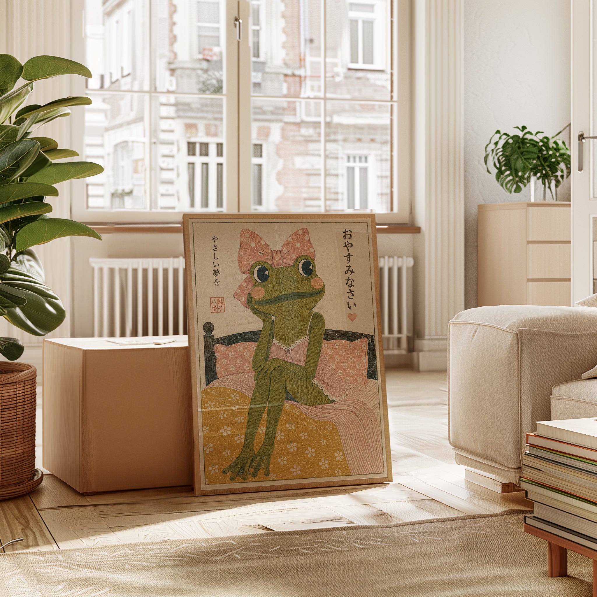Japanese Frog With Pink Bow Art Print: Vintage Kawaii Style - interior