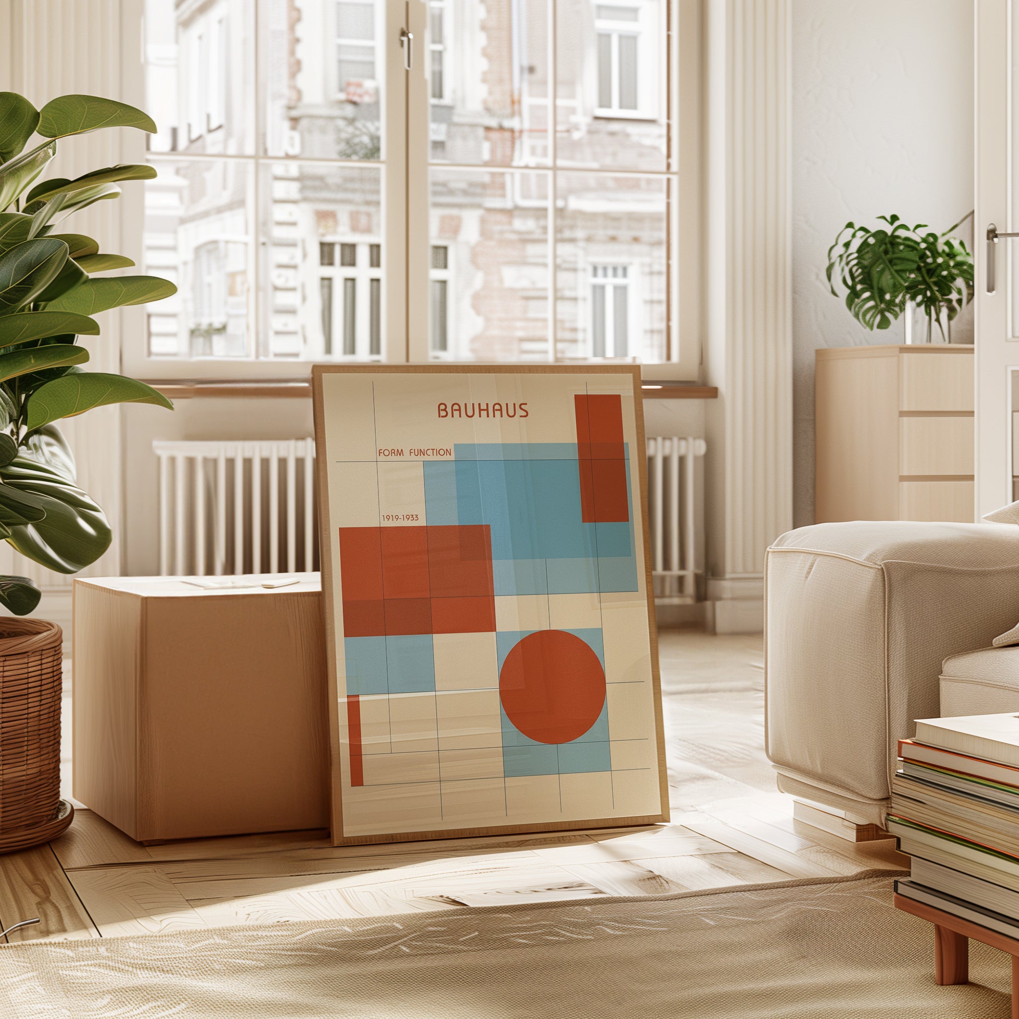 Bauhaus Geometric Art Print: Red Blue Cream Modernist Design - interior