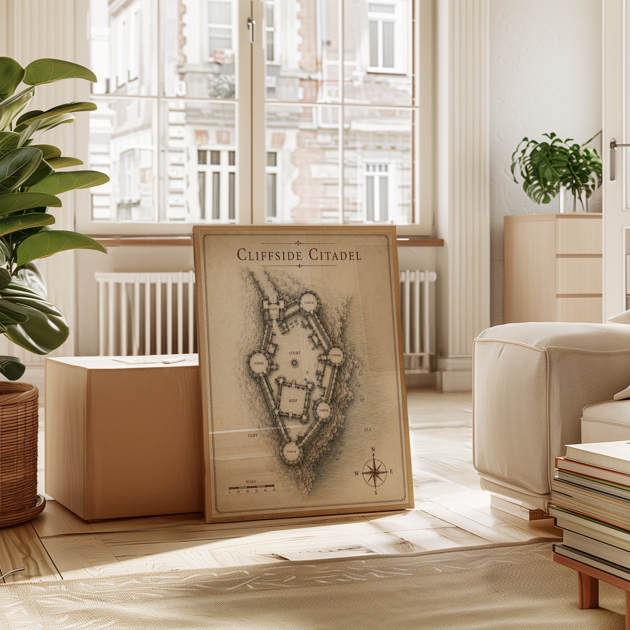 Cliffside Citadel Map Print: Medieval Fantasy Castle Blueprint - interior