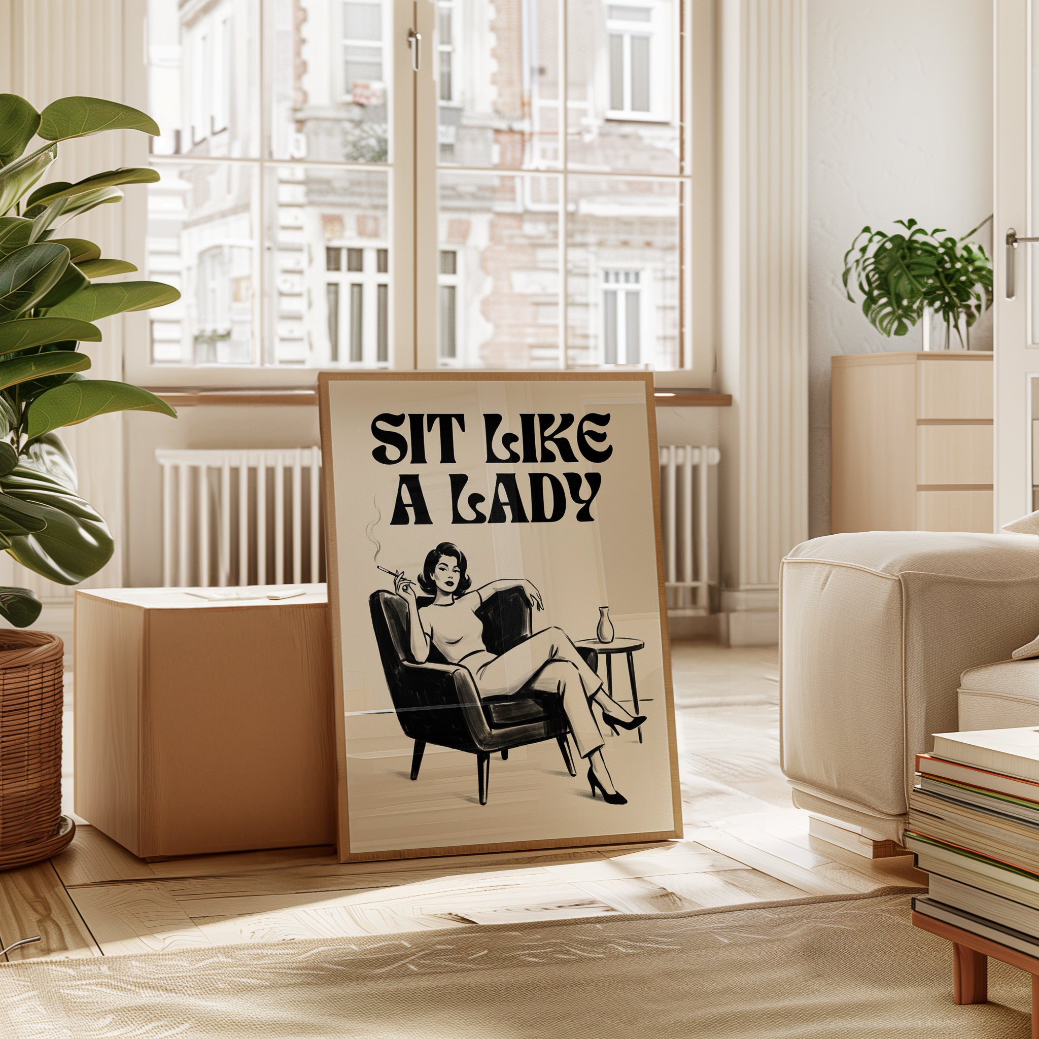 Sit Like A Lady Retro Poster: Mid-Century Modern Illustration - interior