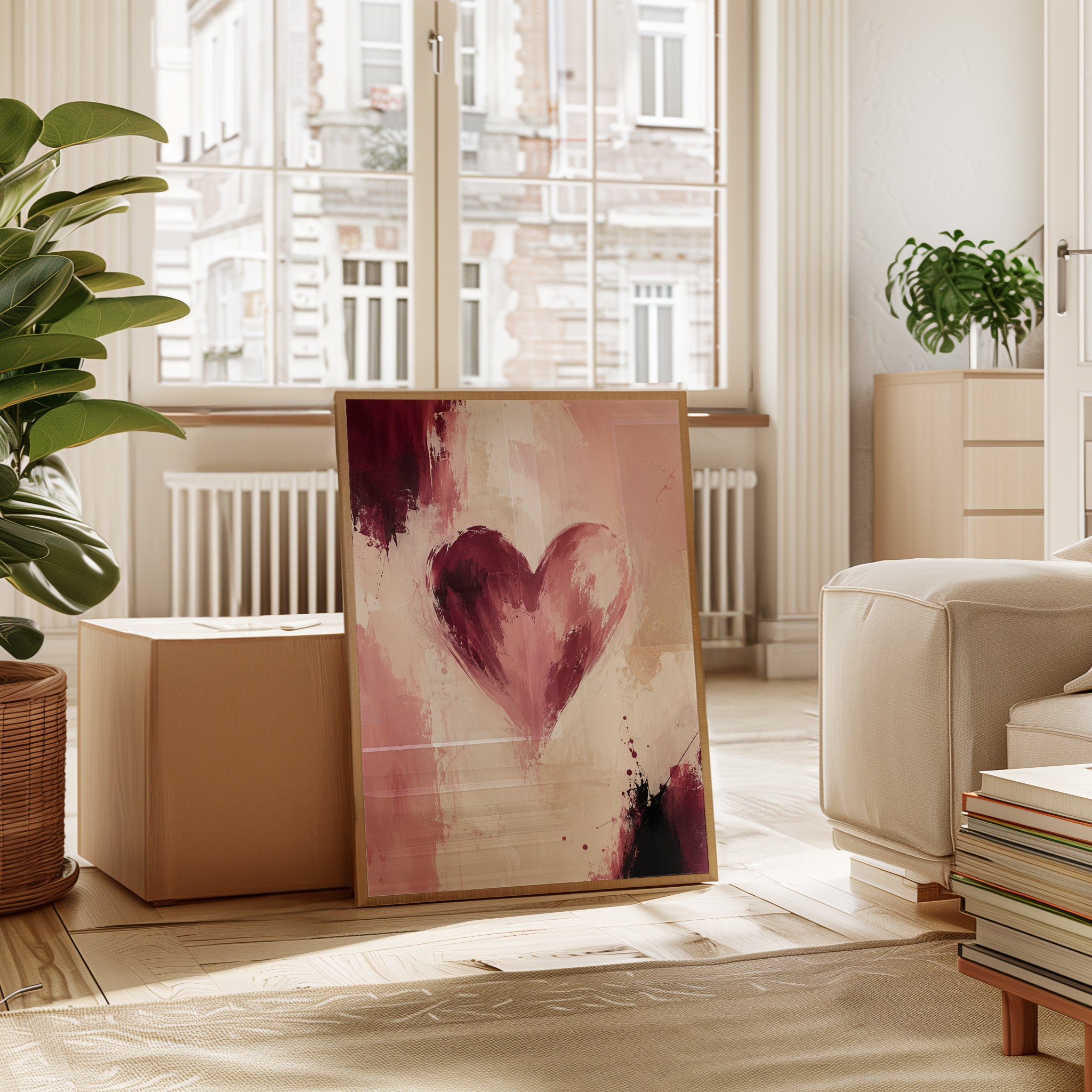 Abstract Heart Wall Art: Pink and Burgundy Brushstroke Painting - interior