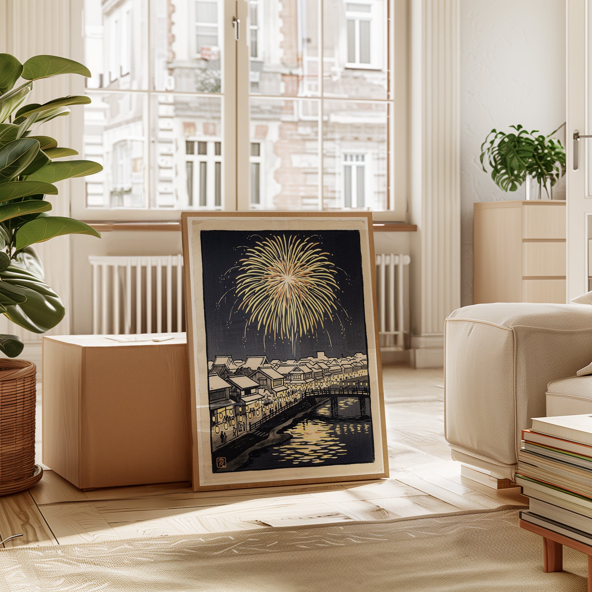 Japanese Fireworks Print: Woodblock Night Scene with Bridge - interior