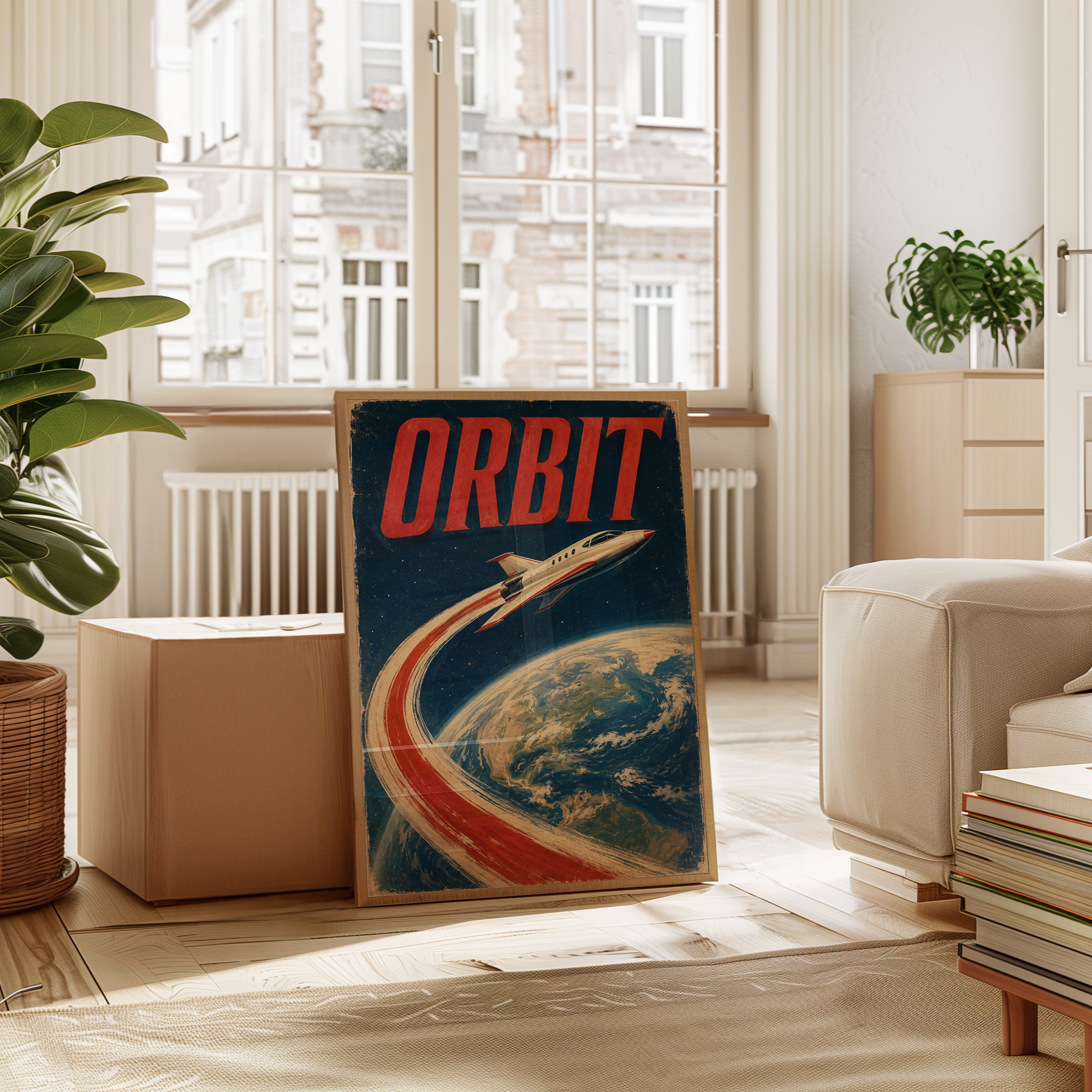 Orbit Space Rocket Poster: Vintage Retro Sci-Fi Wall Art - interior