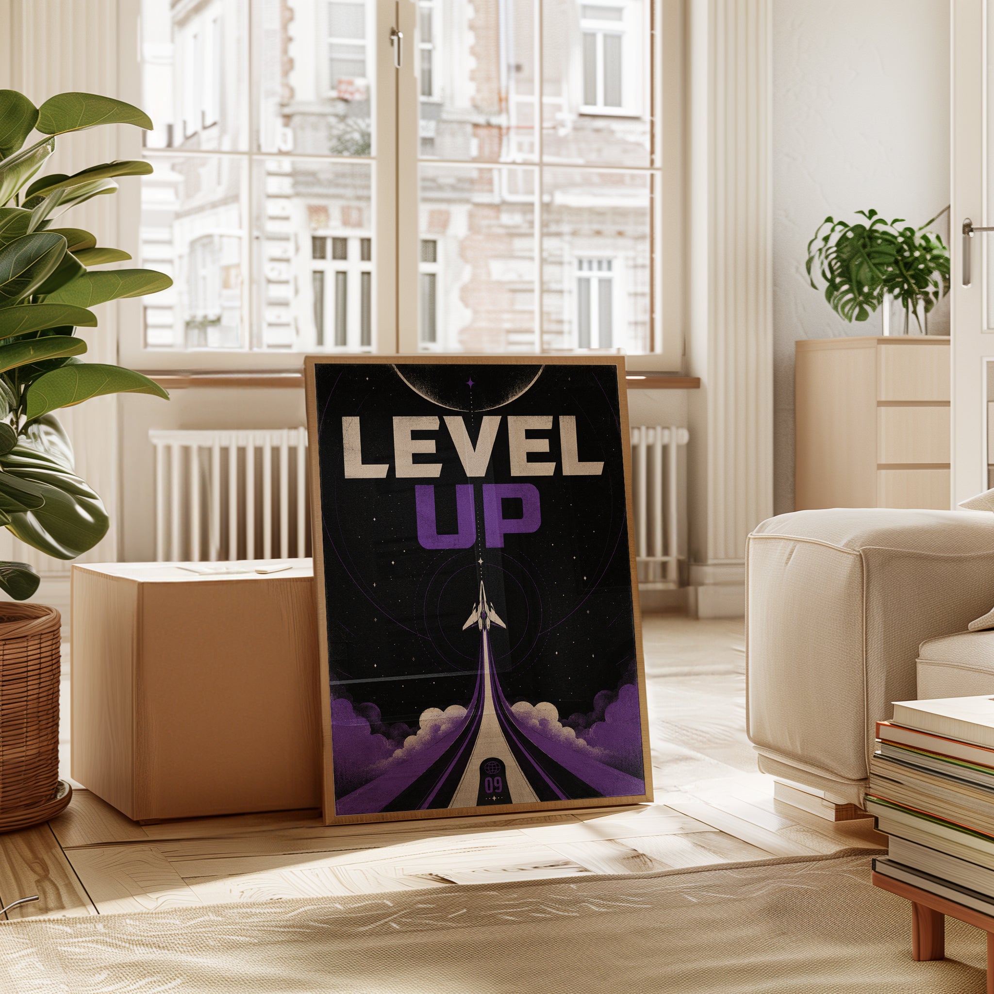 Level Up Retro Game Poster: Space Arcade Art in Purple & Black - interior