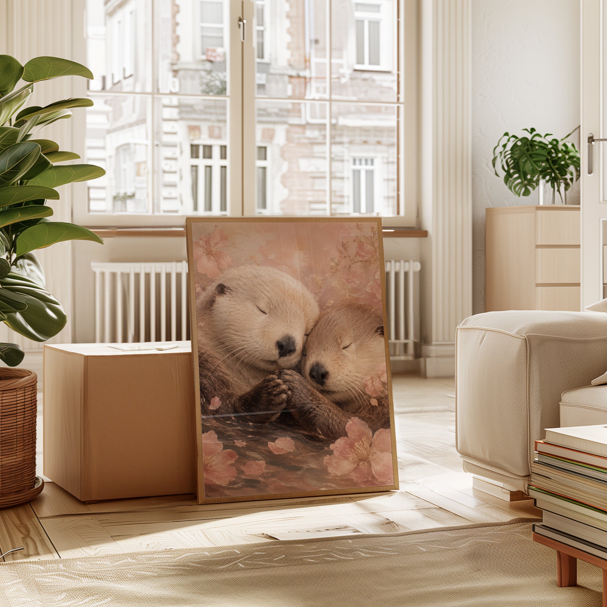 Otter Art Print — Soft Watercolor with Cherry Blossoms - interior
