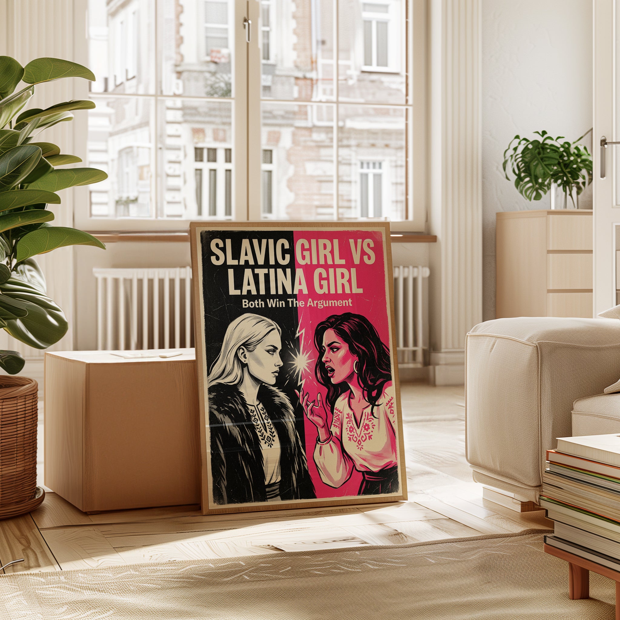 Retro Pop Art Poster: Dual Portrait in Pink and Black - interior