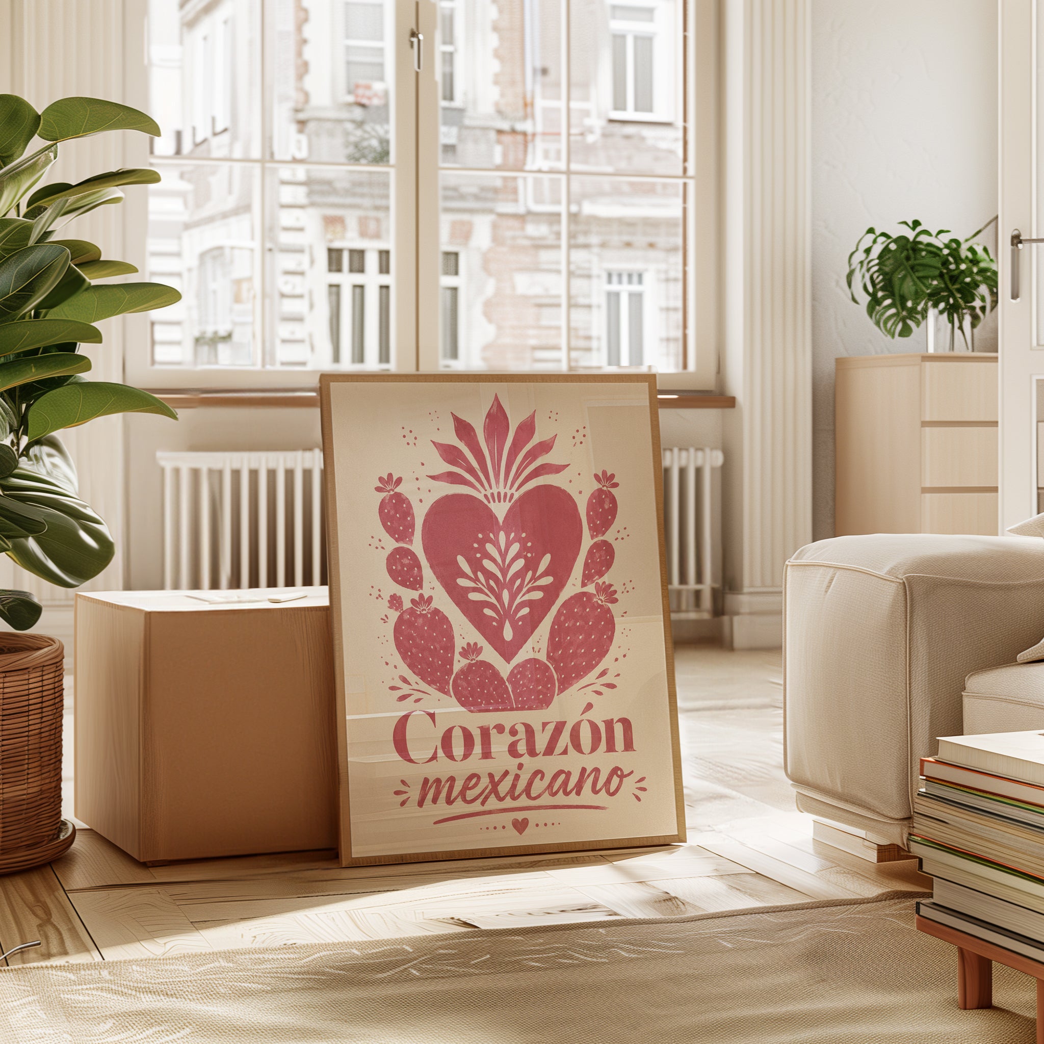 Corazón Mexicano Wall Art: Pink Sacred Heart Folk Design - interior