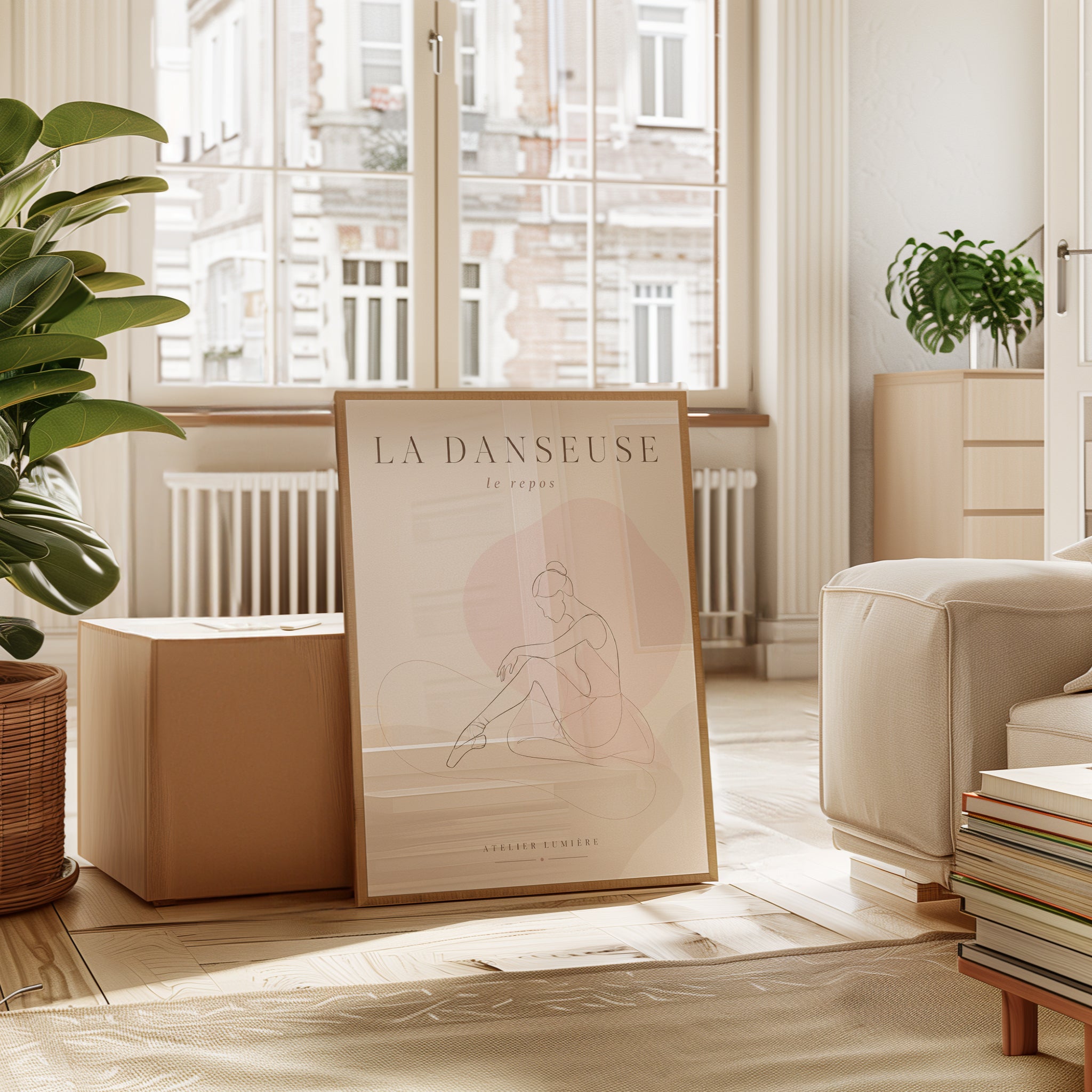 La Danseuse Ballet Print: Minimalist Line Art in Blush Pink - interior