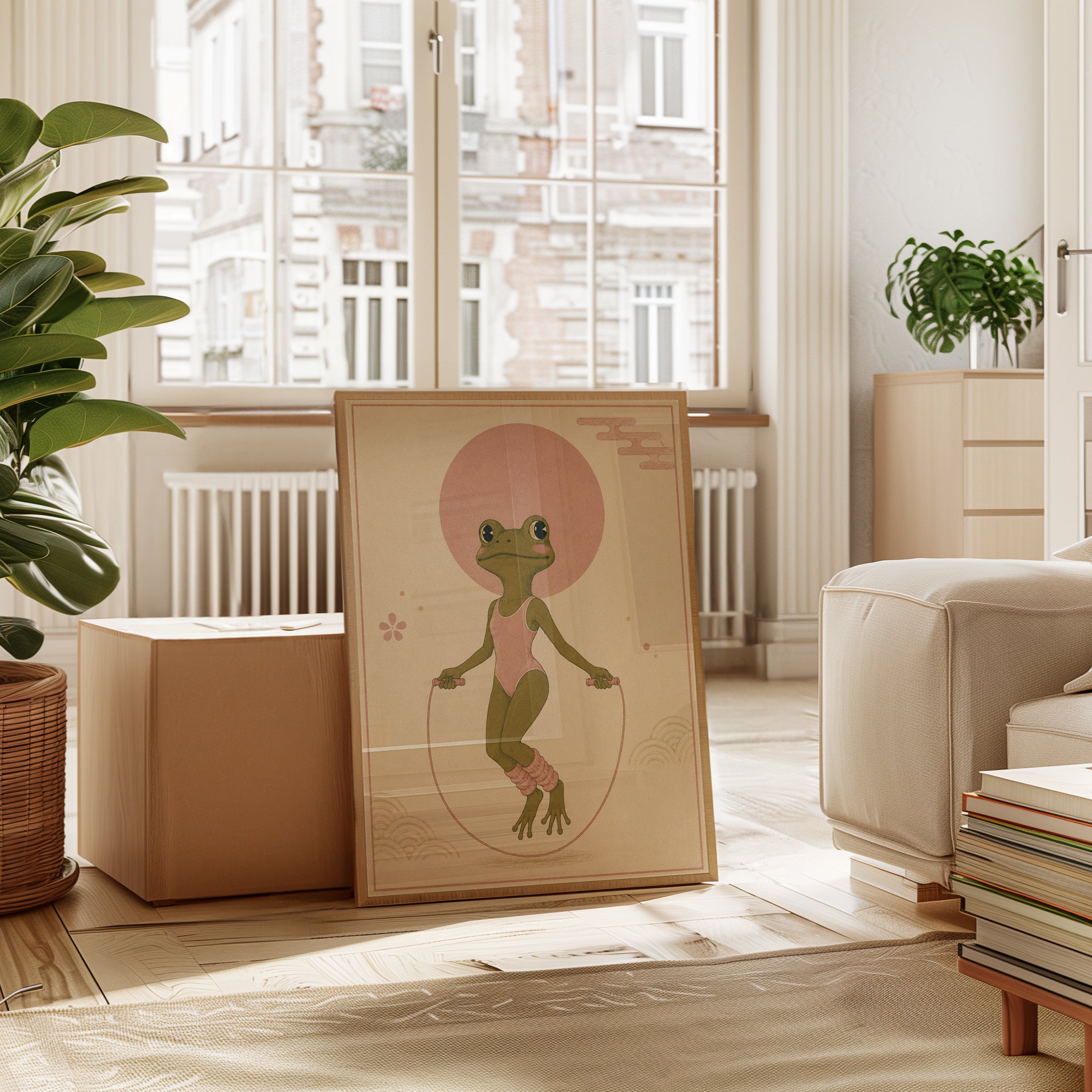 Japanese Frog Jump Rope Art Print: Whimsical Pink Green Poster - interior