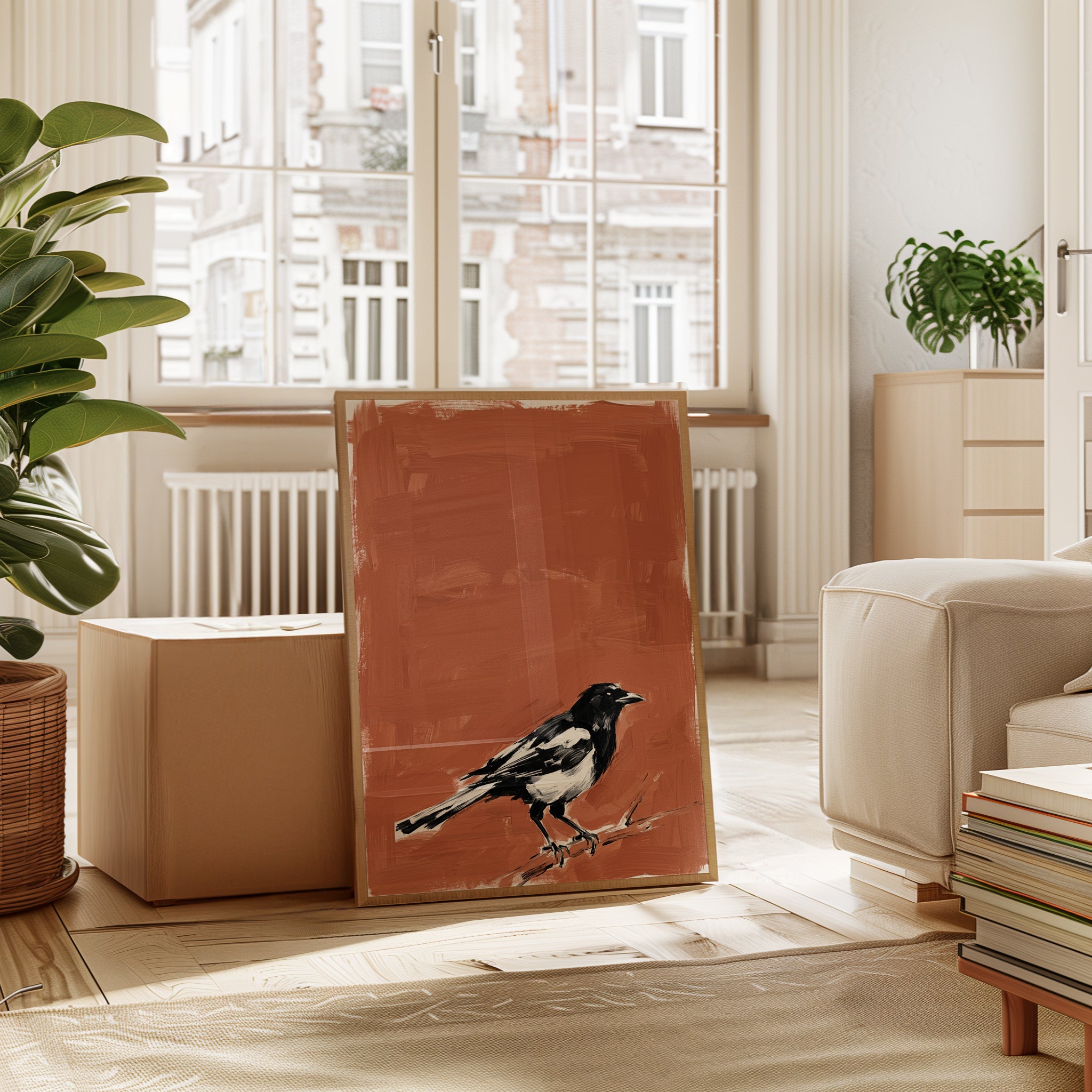 Magpie Bird Art Print: Black and White on Terracotta Background - interior