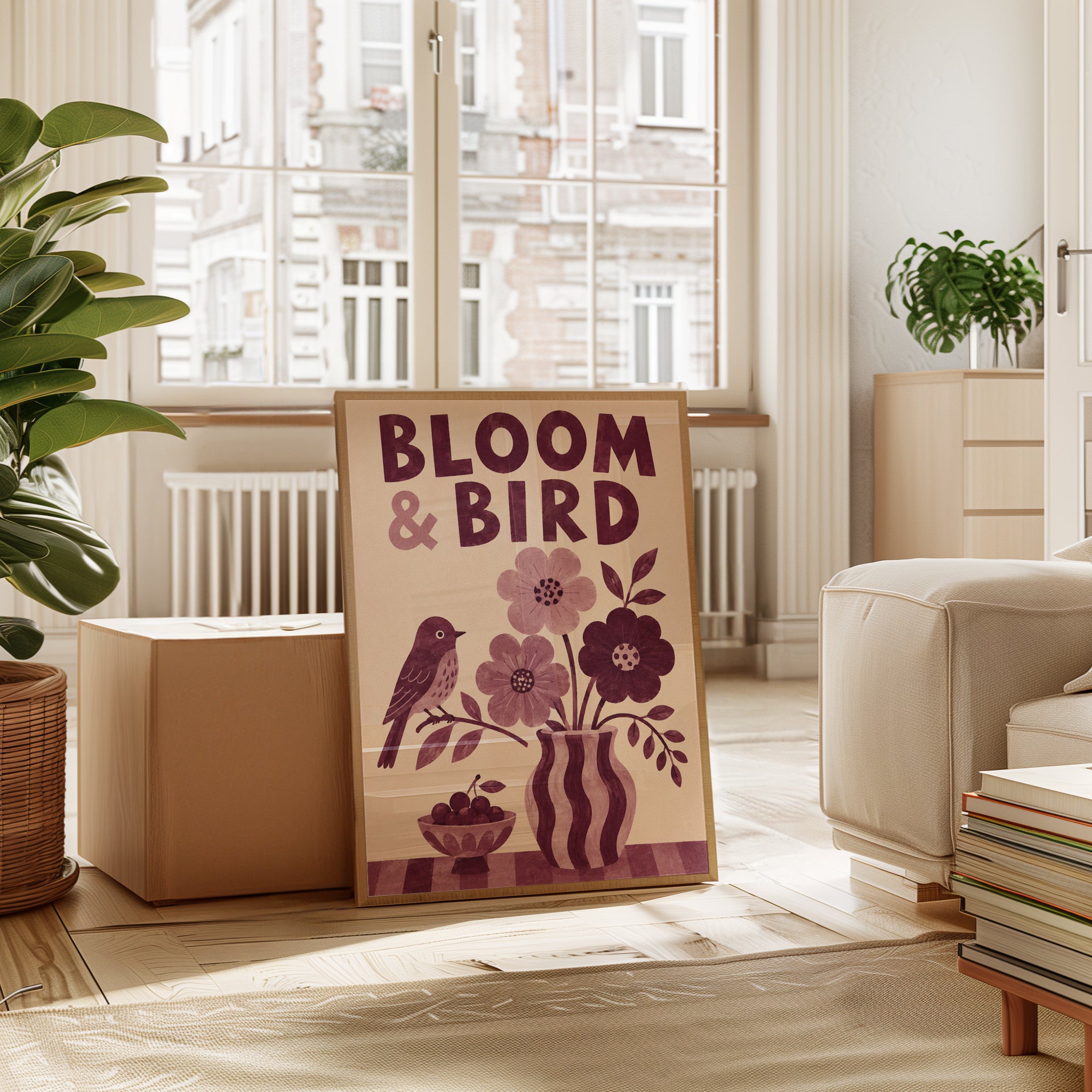 Bloom and Bird Folk Art Print: Vintage Floral Design - interior