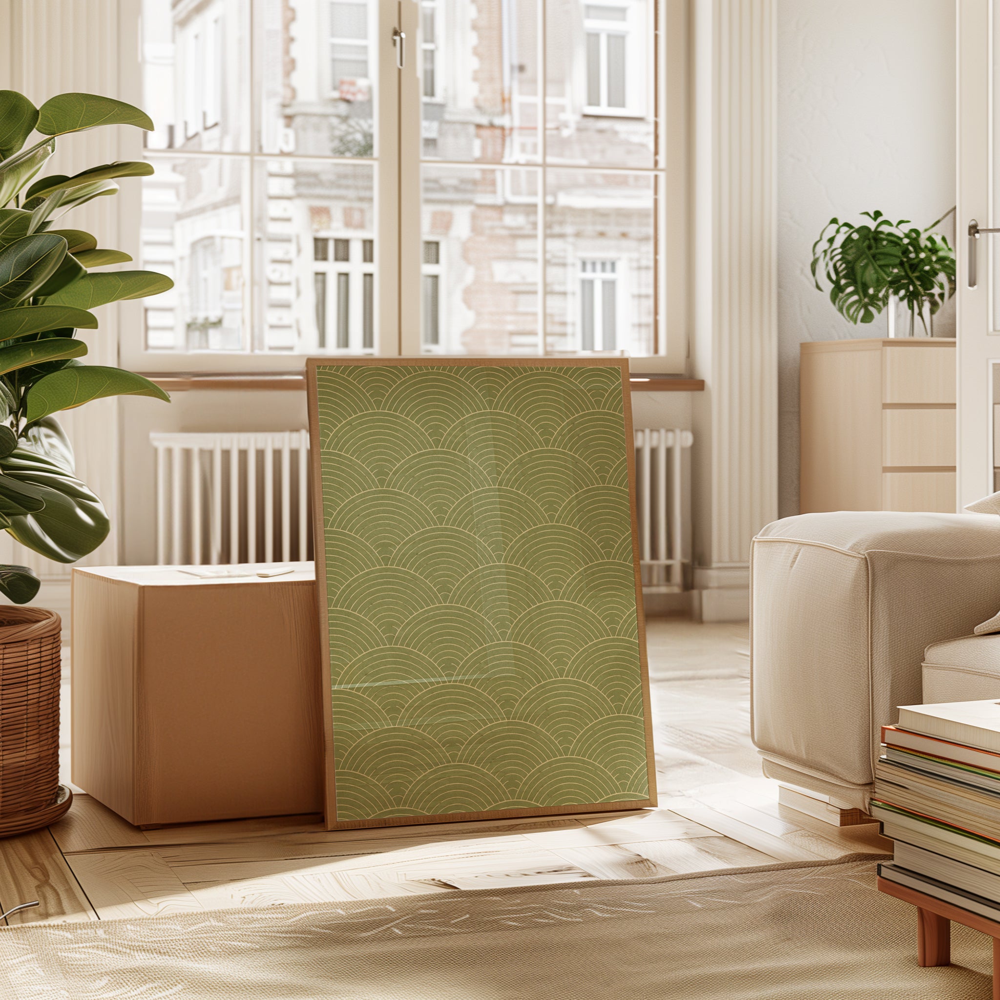 Japanese Wave Pattern Print: Seigaiha Design in Sage Green - interior