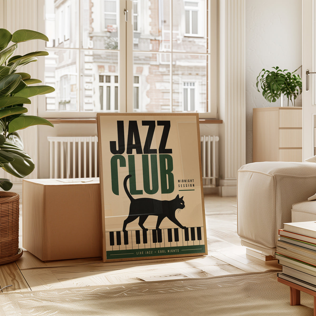 Jazz Club Cat Print: Vintage Mid-Century Piano Wall Art - interior