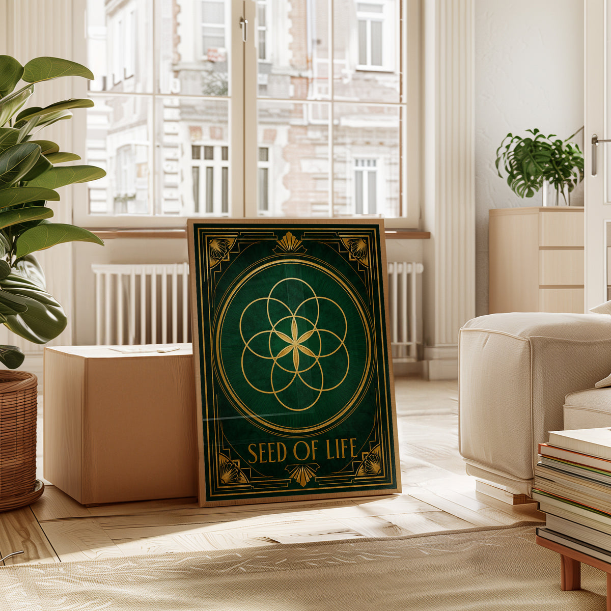 Seed of Life Wall Art: Modern Spiritual Geometry (Gold & Green) - interior