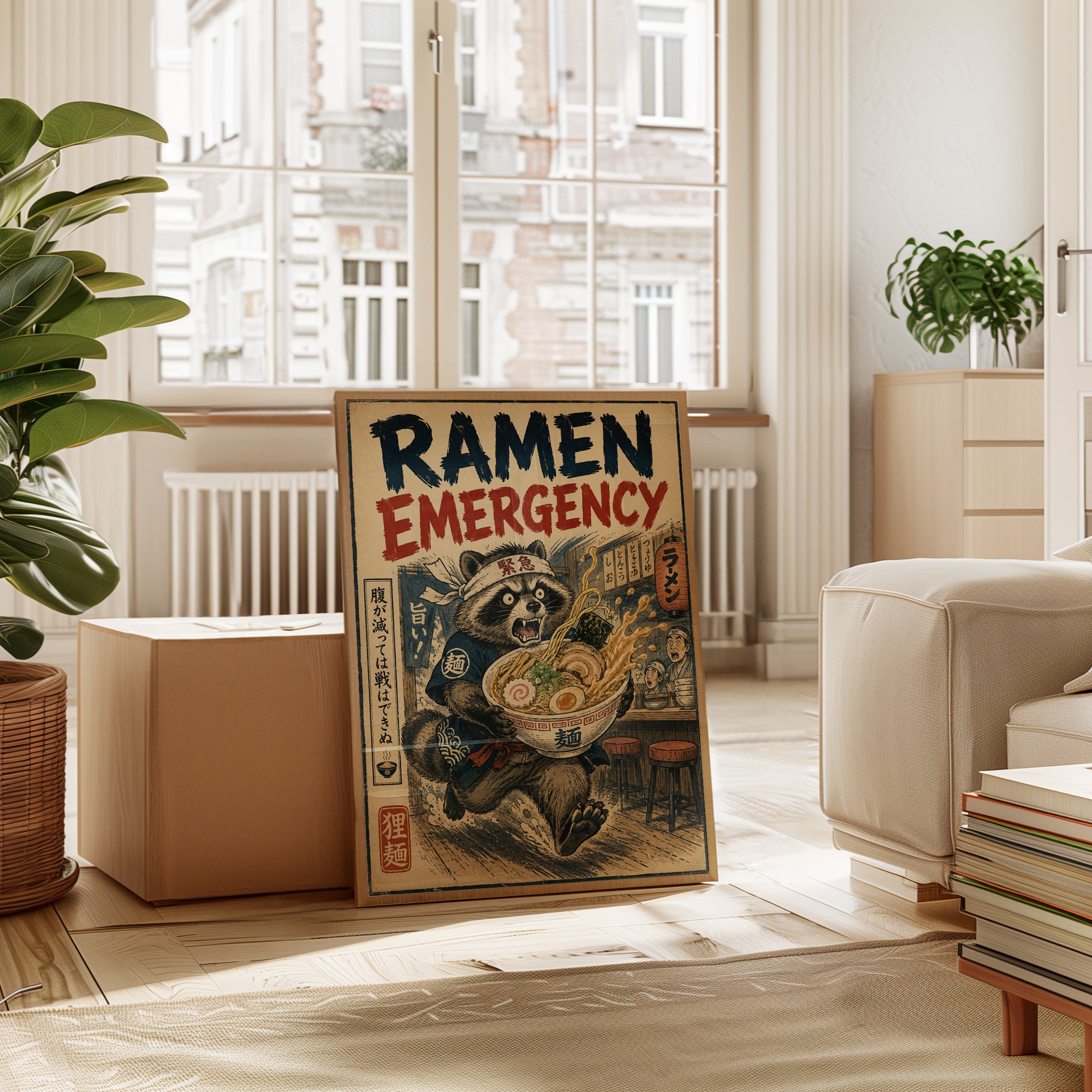 Ramen Emergency Raccoon Art Print: Vintage Japanese Poster Style - interior