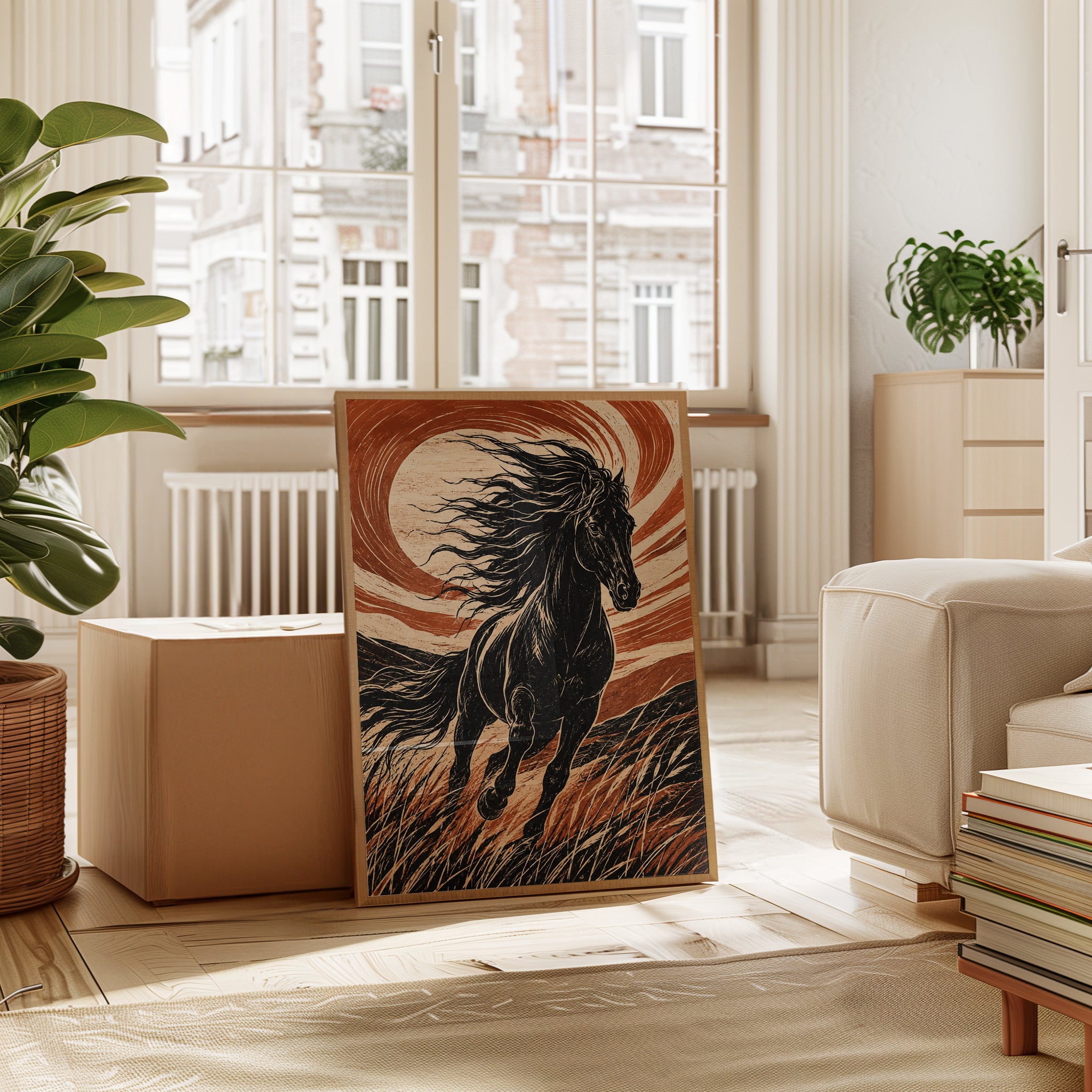 Black Horse Linocut Print – Bold Woodblock Style - interior