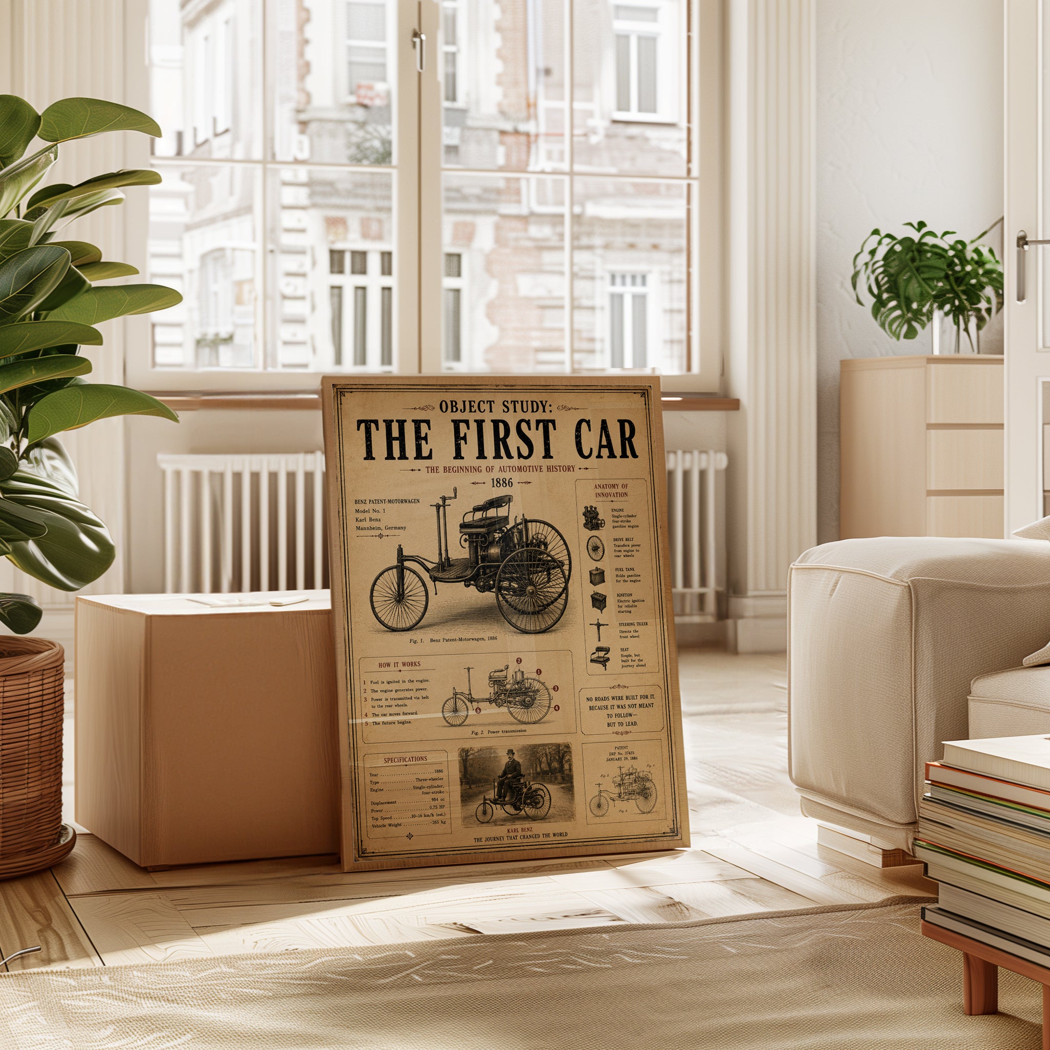 Benz Patent Motorwagen Print: Vintage Automotive History Poster - interior