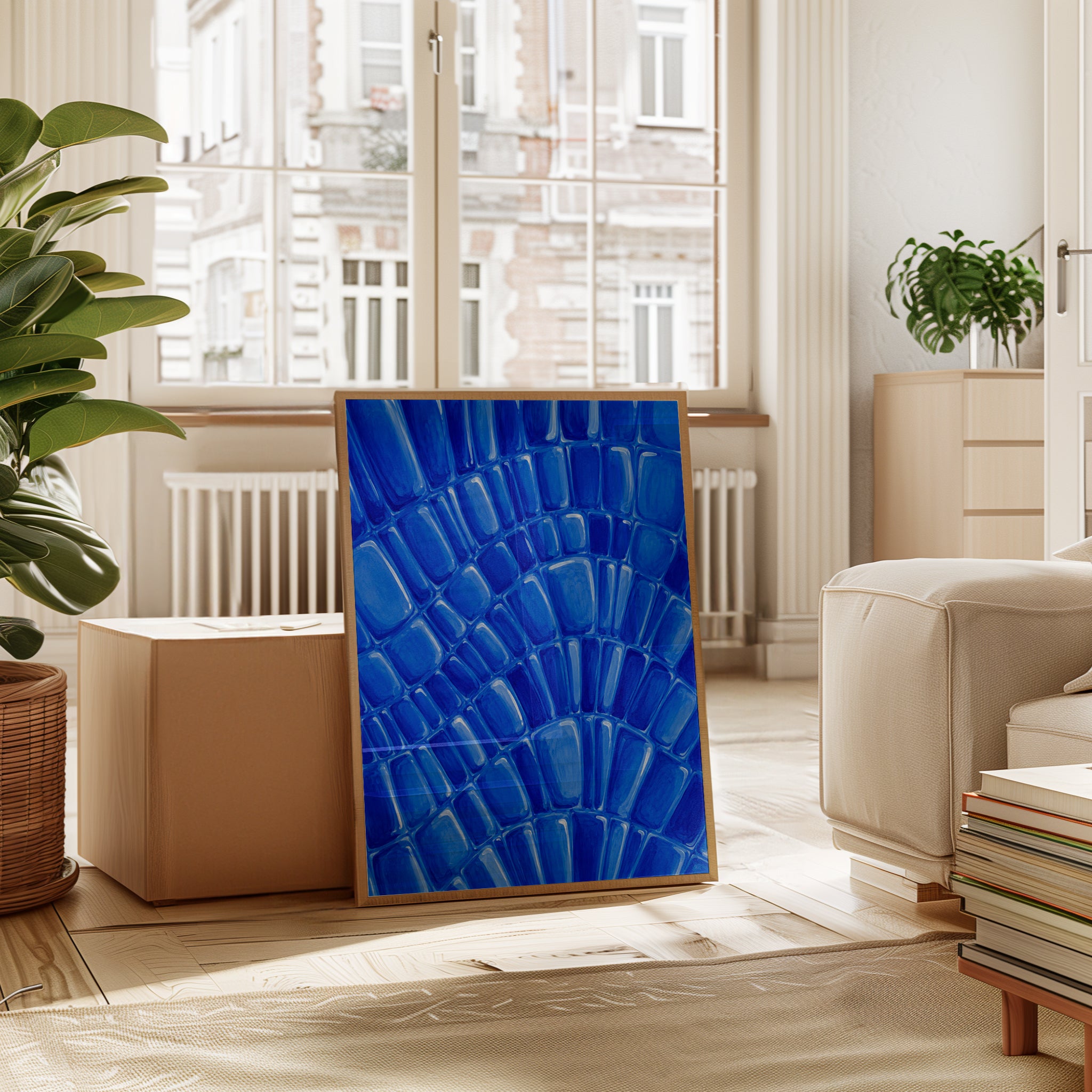Blue Glass Mosaic Art Print: Abstract Radial Pattern - interior