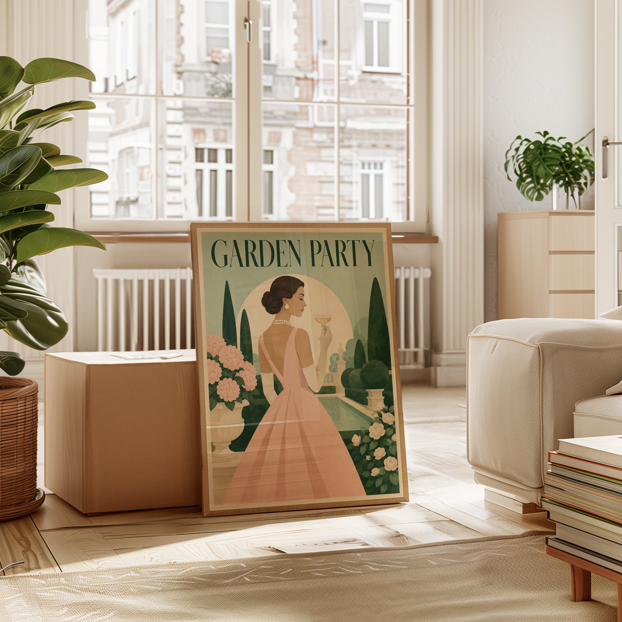 Garden Party Vintage Poster — Elegant Mid-Century Woman in Pink Gown - interior