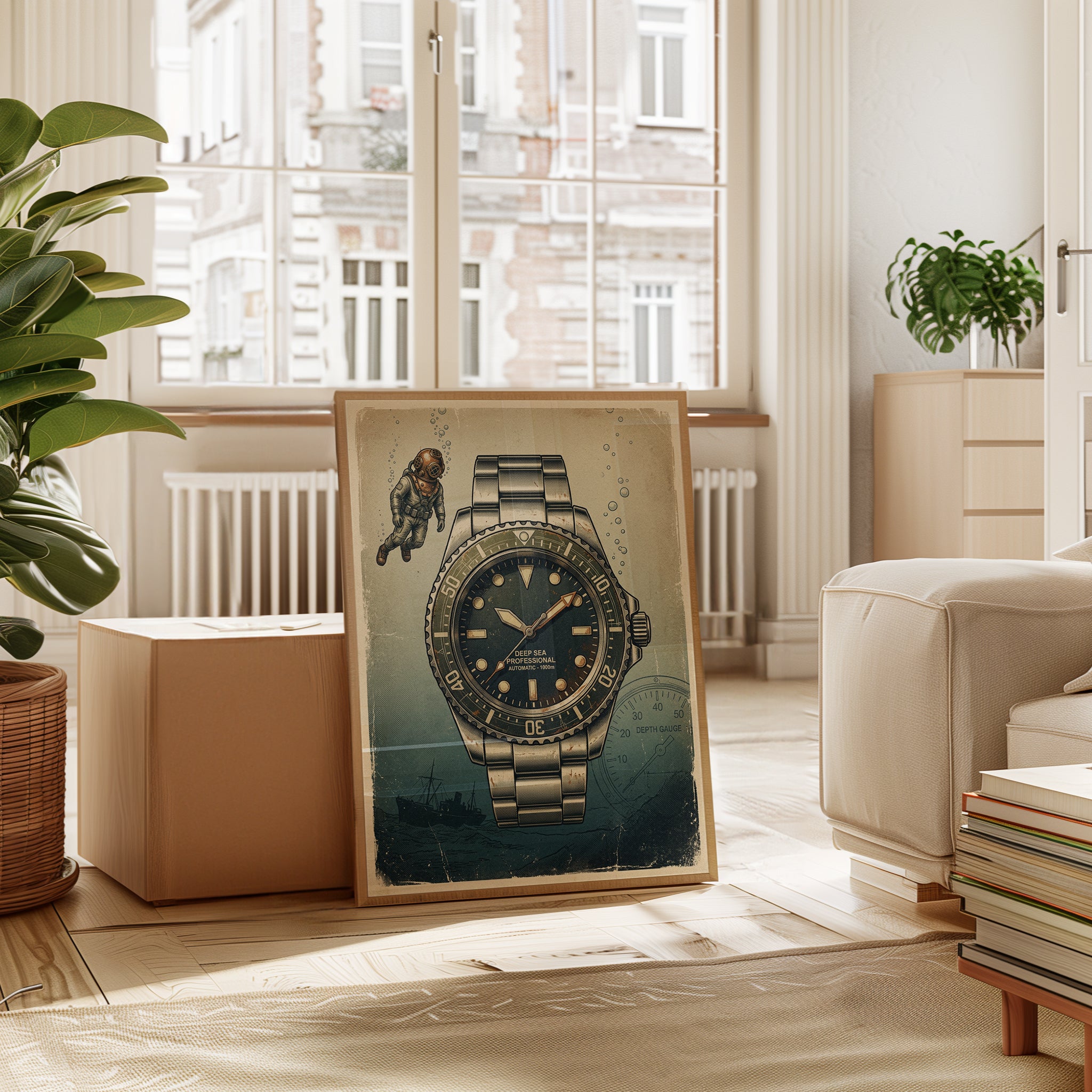 Vintage Dive Watch Poster: Deep Sea Diver Retro Illustration - interior