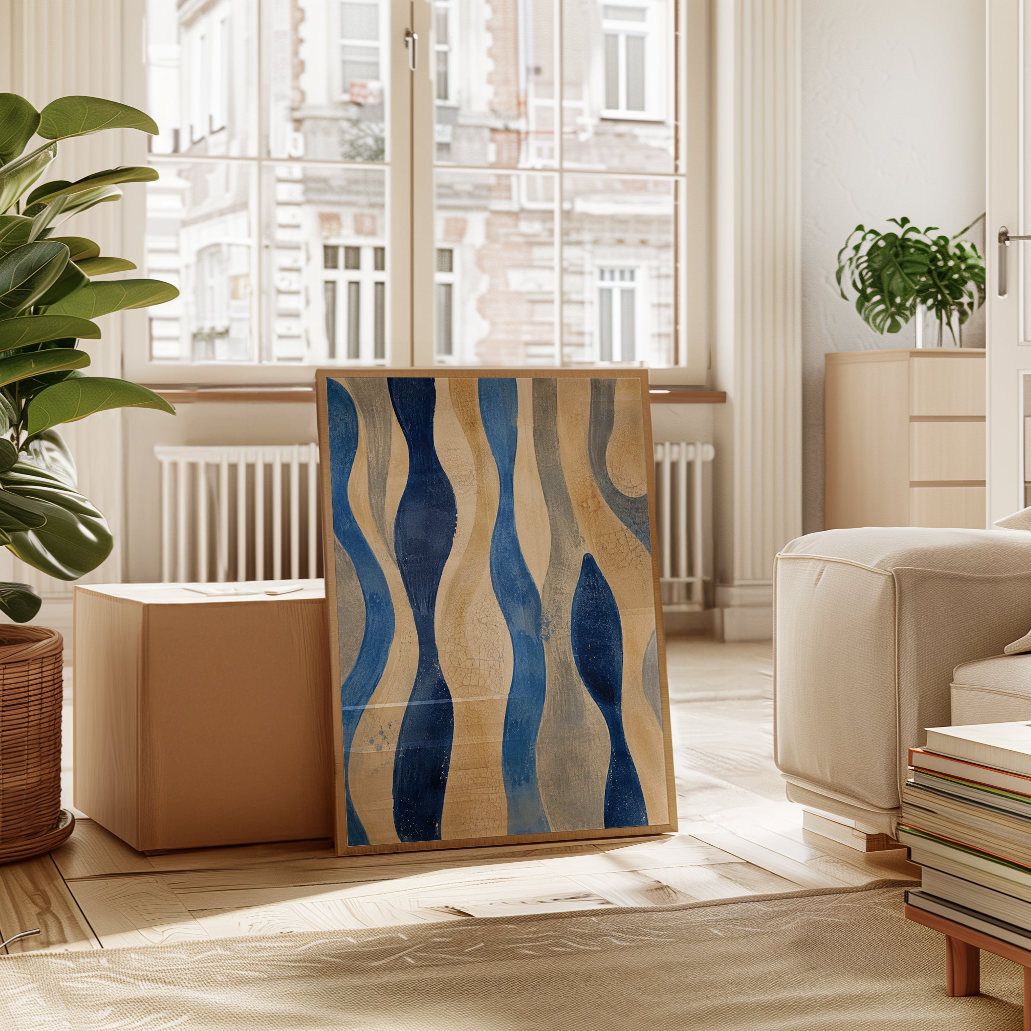 Abstract Waves Art Print: Blue and Gold Flowing Pattern - interior