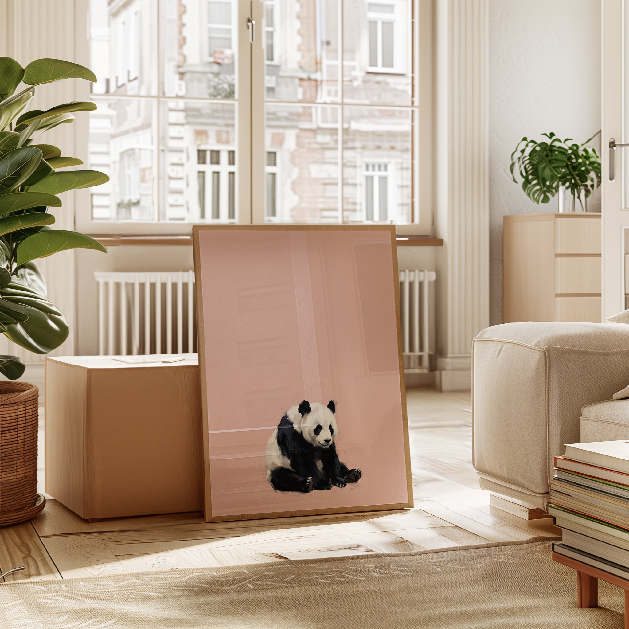 Panda on Pink Wall Art: Minimalist Animal Painting - interior