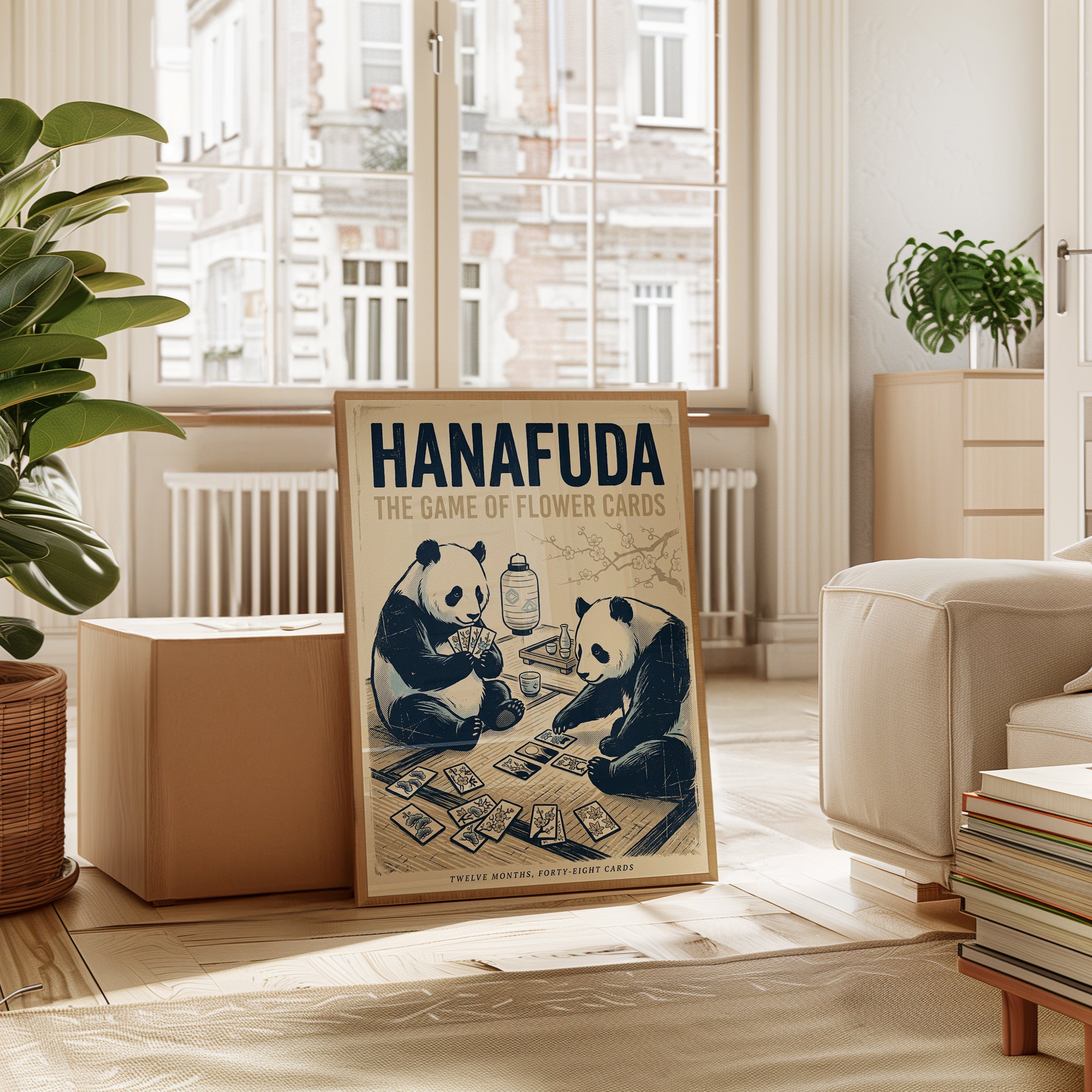 Hanafuda Pandas Art Print: Vintage Japanese Card Game Poster - interior