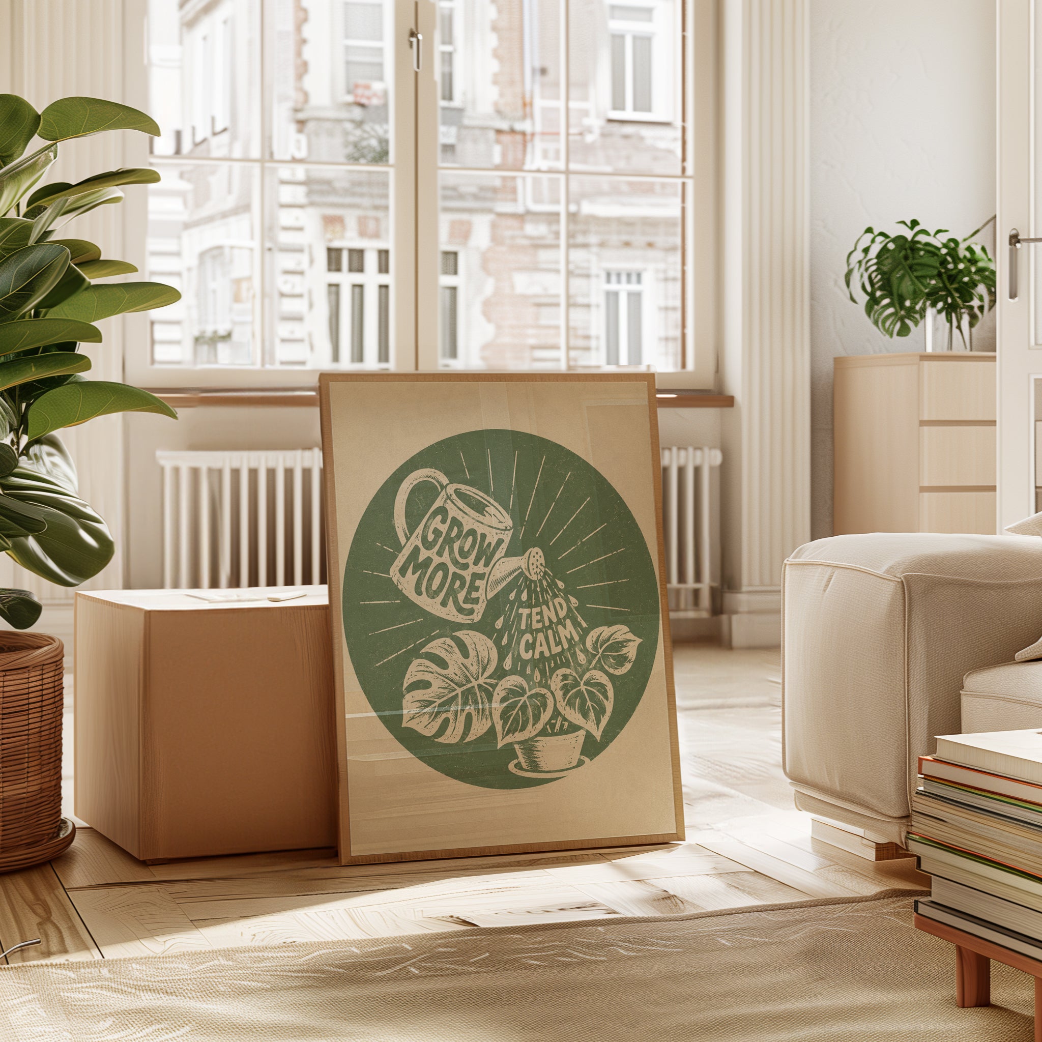 Grow More Tend Calmly Plant Print: Vintage Botanical Linocut Art - interior