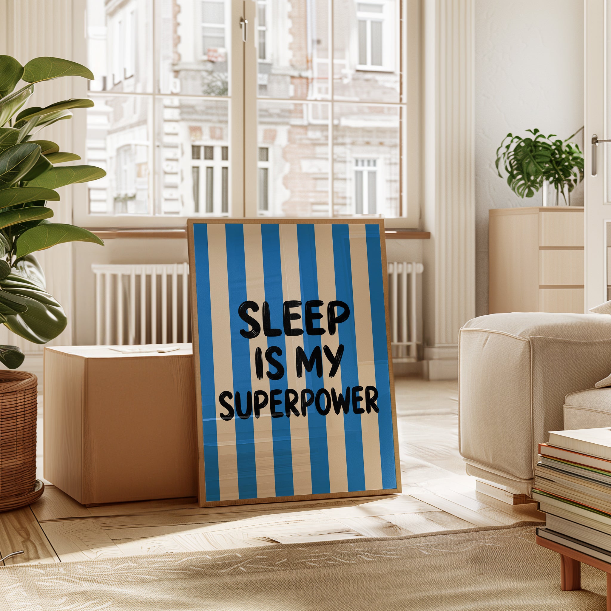 Sleep Is My Superpower Print: Bold Blue Stripes Typography - interior