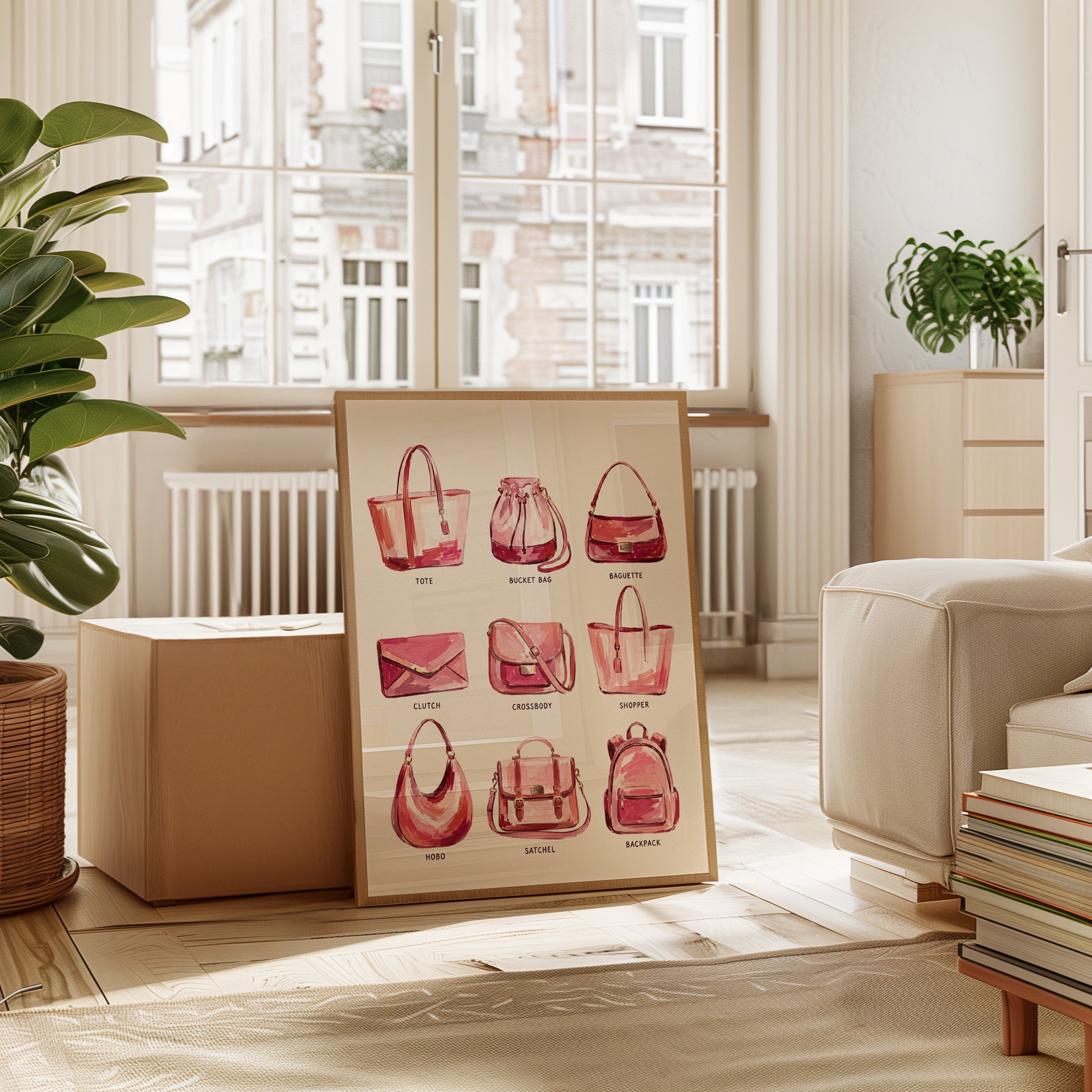 Fashion Handbag Collection Art Print: Watercolor Pink Accessories - interior