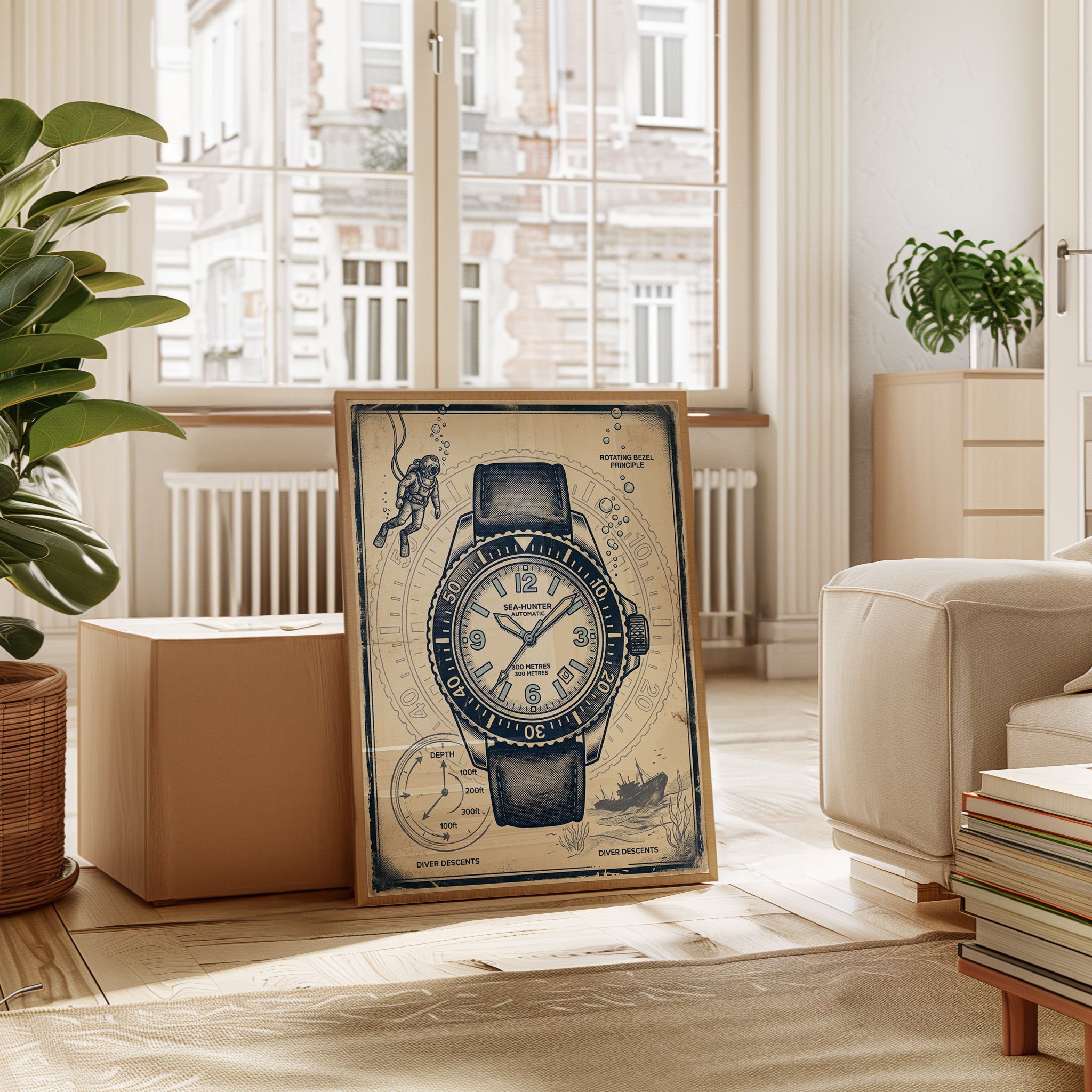 Vintage Dive Watch Technical Poster: Blueprint Illustration Art - interior