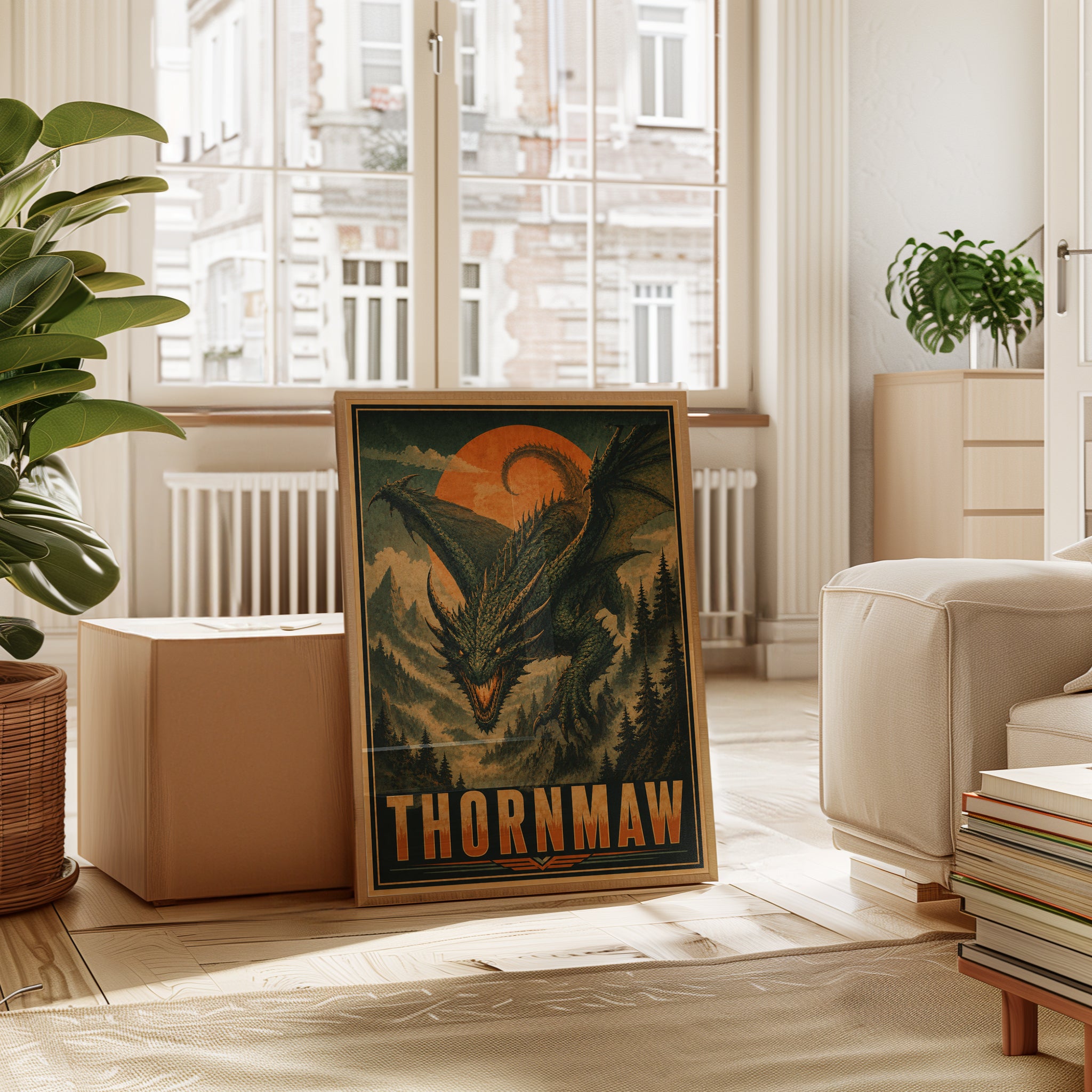 Thornmaw Dragon Poster: Vintage Fantasy Art with Orange Sun - interior