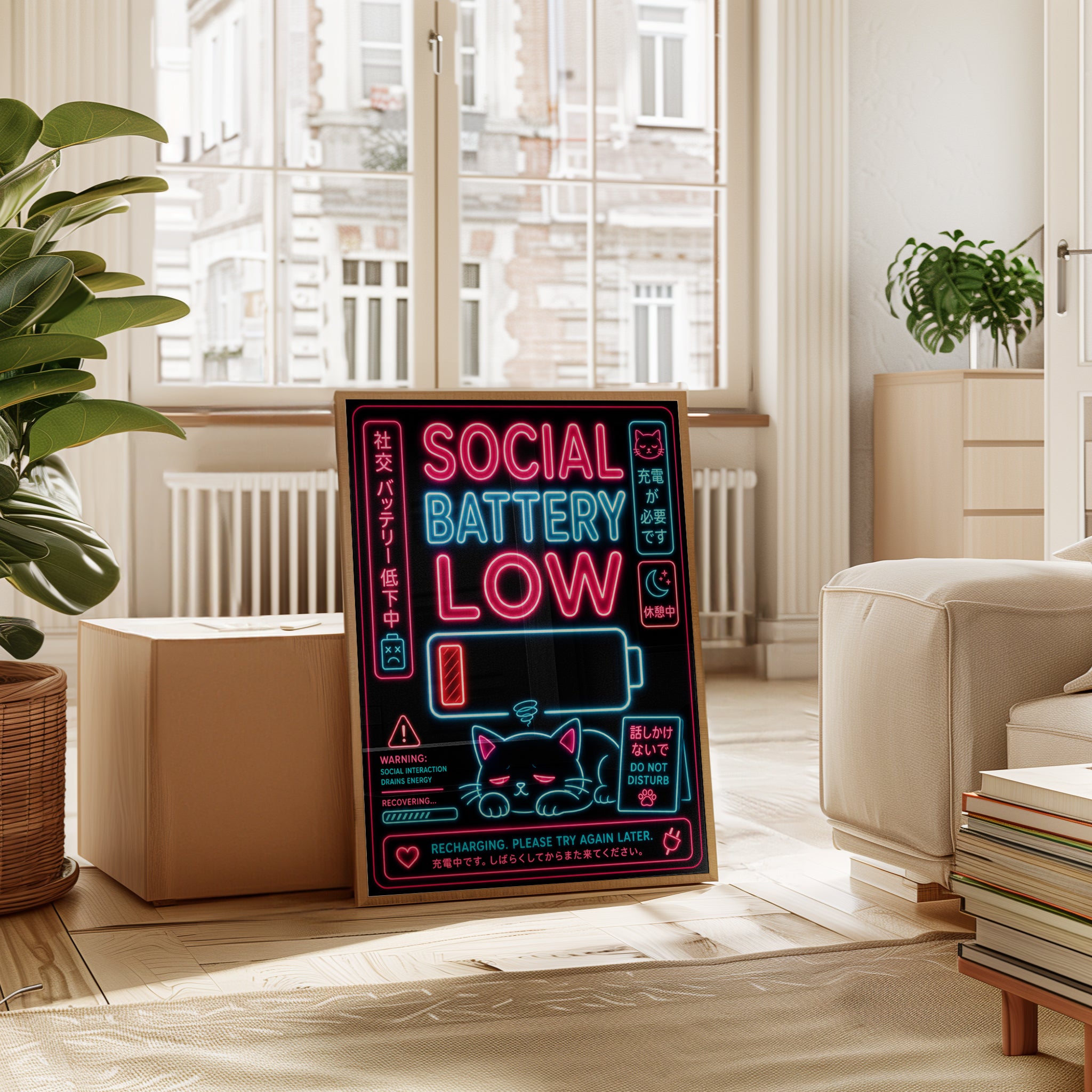 Social Battery Low Neon Art Print: Introvert Cat Poster - interior